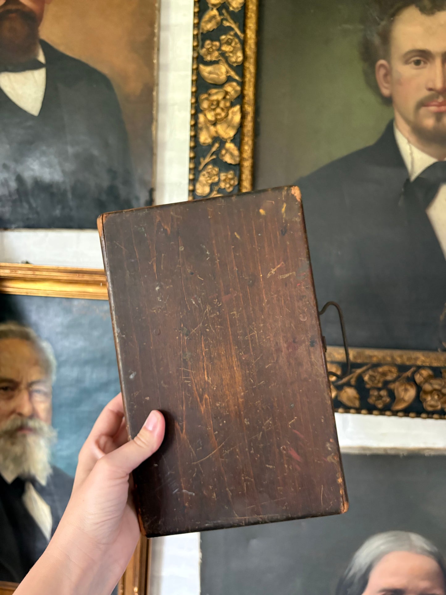 Antique wooden art box with supplies