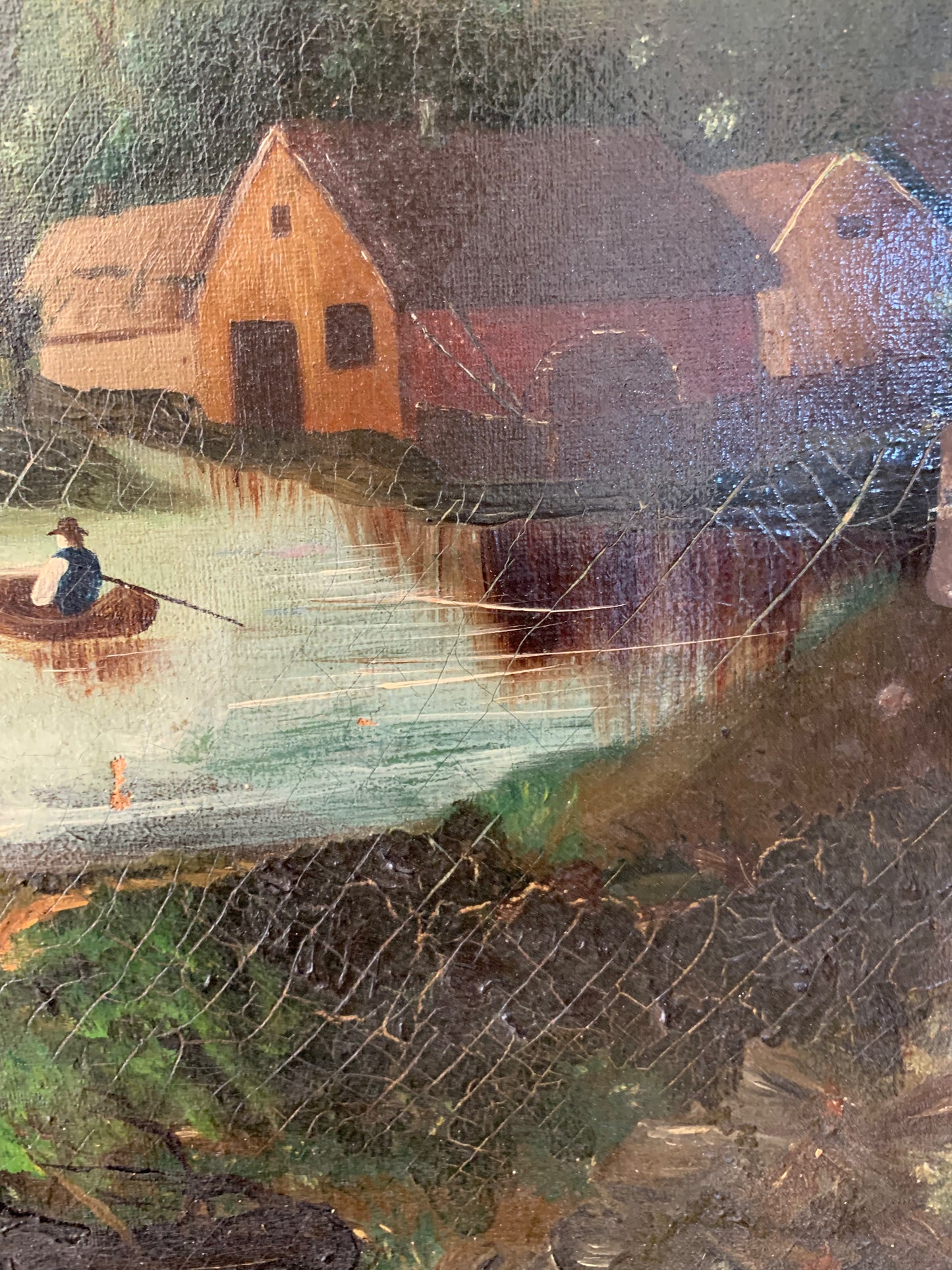 Large antique landscape painting on canvas in frame