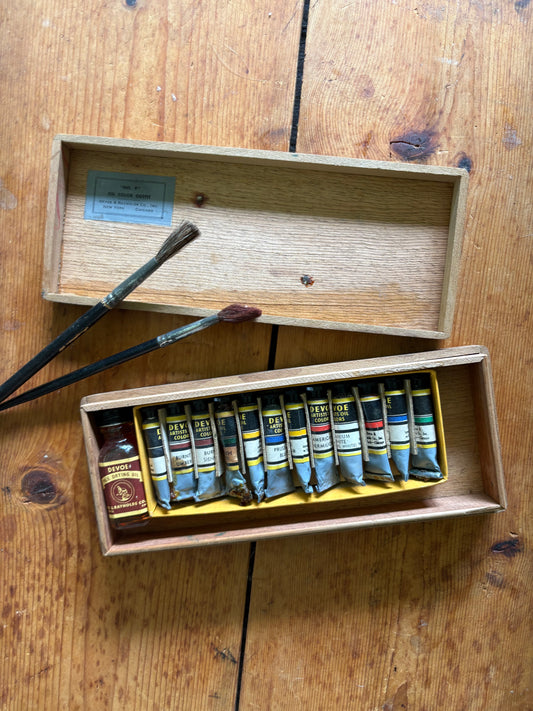 Vintage wooden art box with paint & brushes