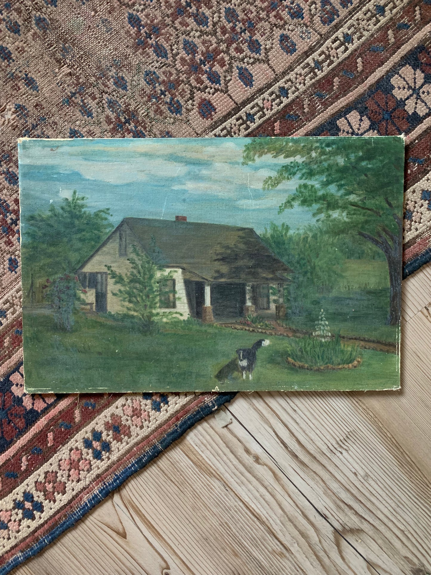 Vintage rural landscape oil painting on board of home and dog