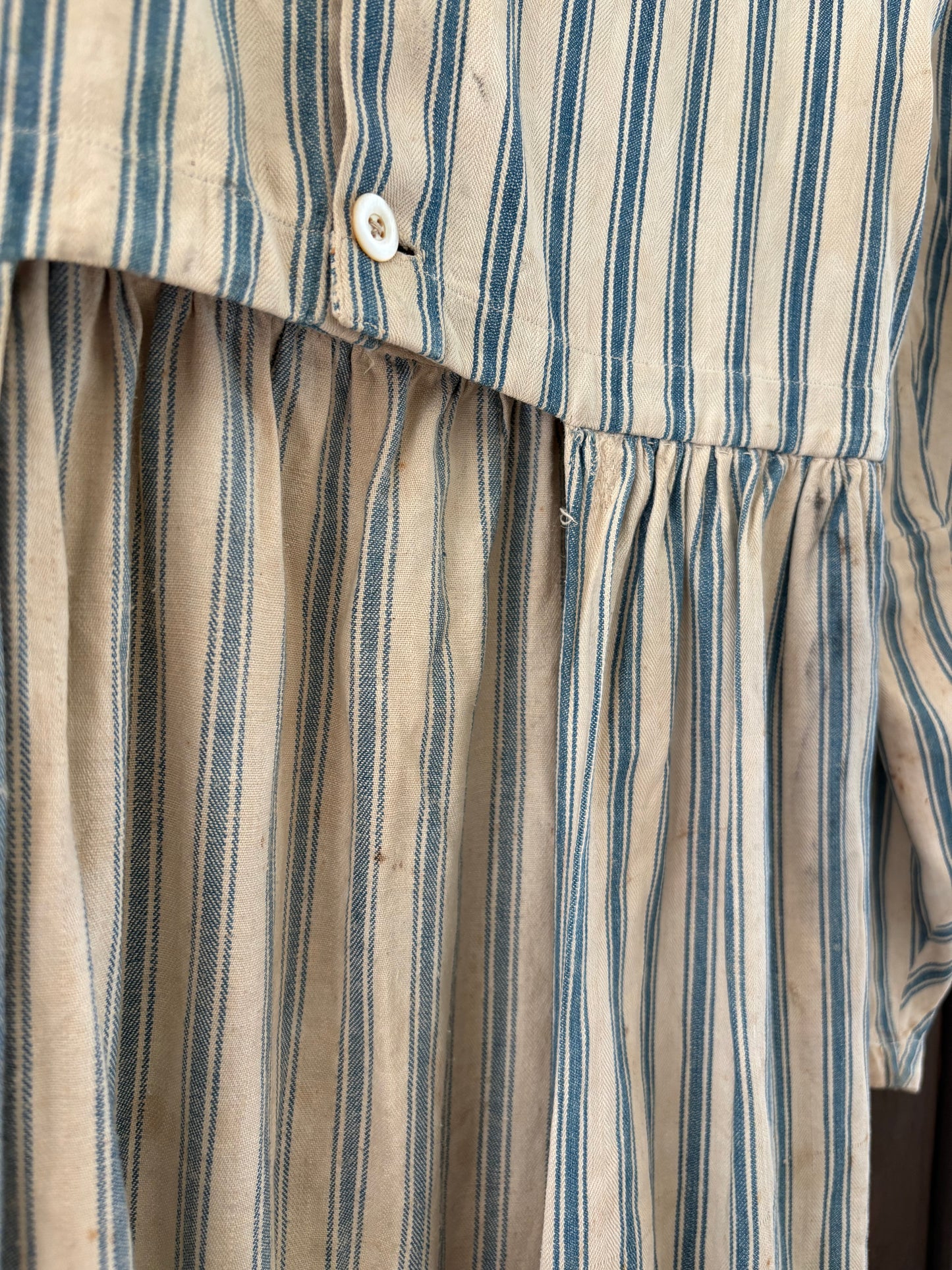 Antique primitive dress apron | blue stripe ticking