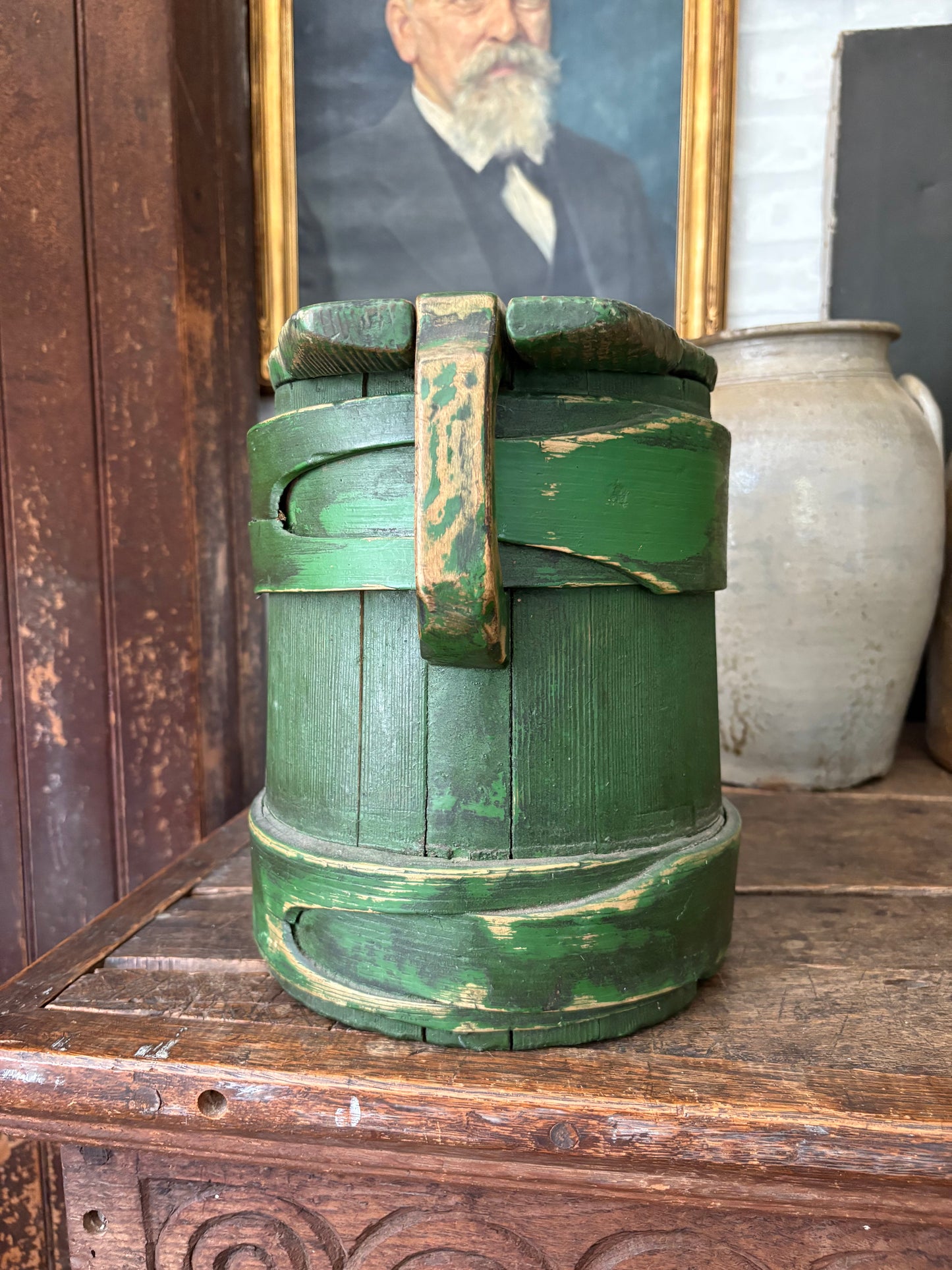 Antique wooden green tankard