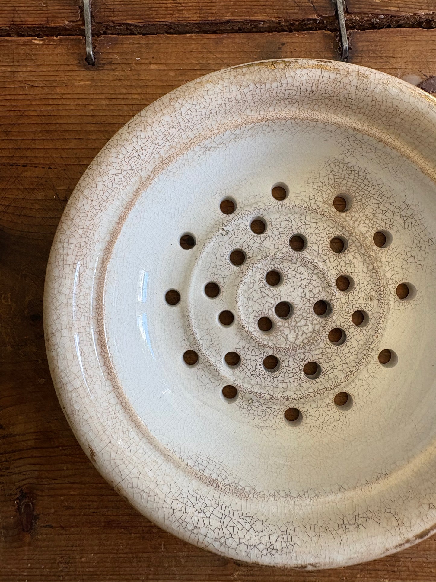 Antique ironstone dairy soap strainer