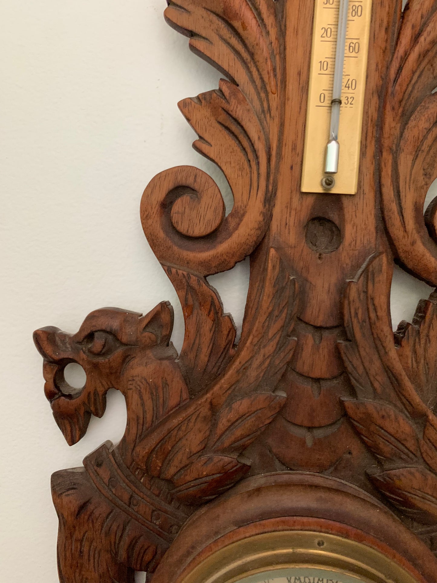 Antique French hand carved wood barometer