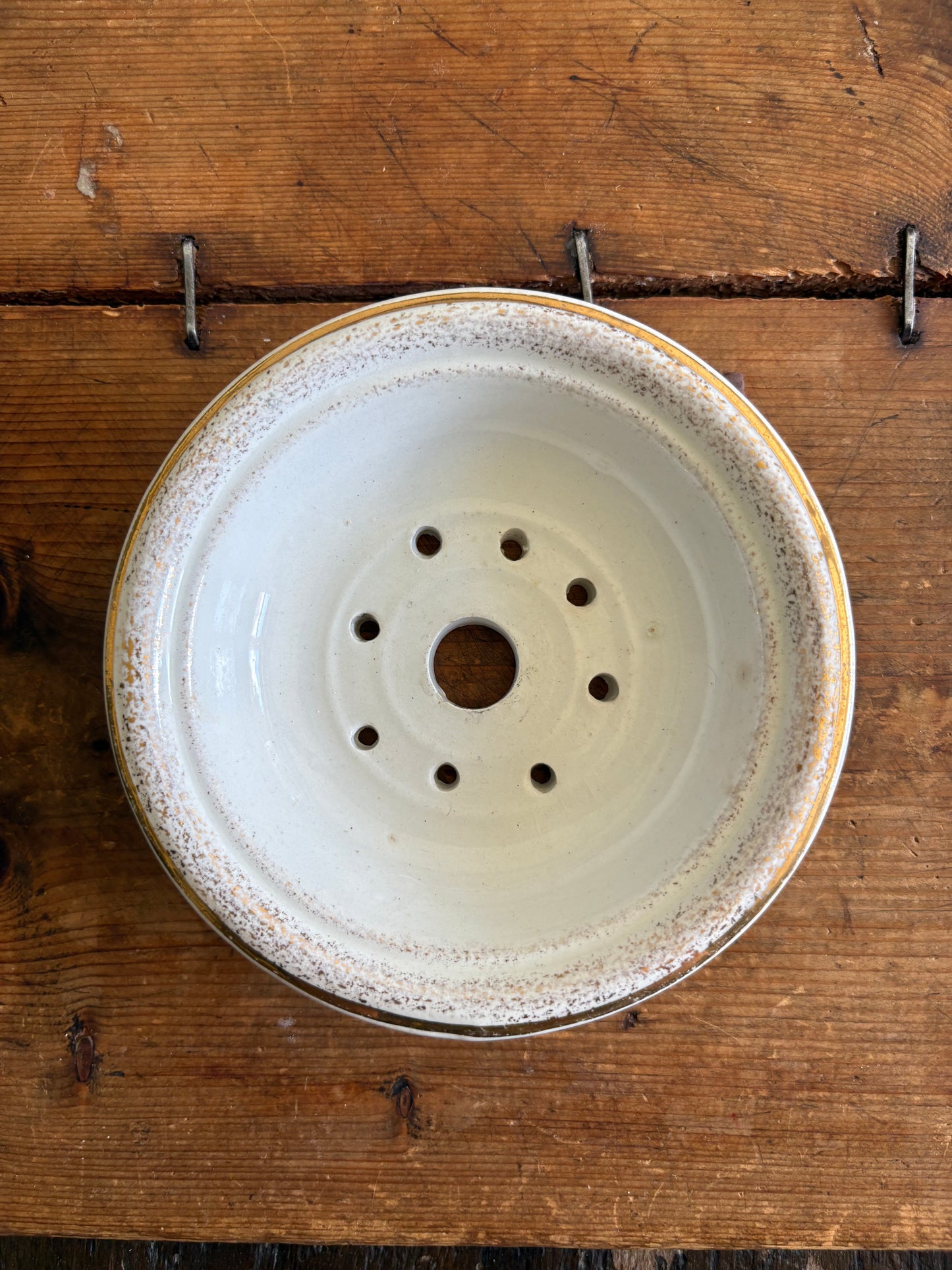 Antique ironstone dairy soap strainer