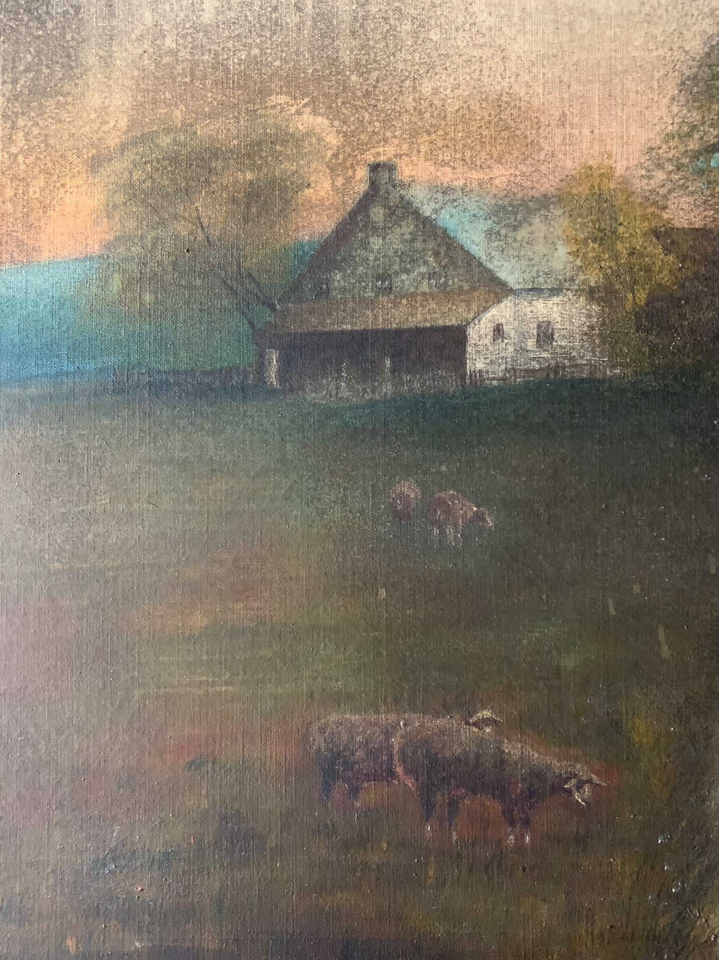Antique large landscape oil painting on canvas| dog & sheep in pasture