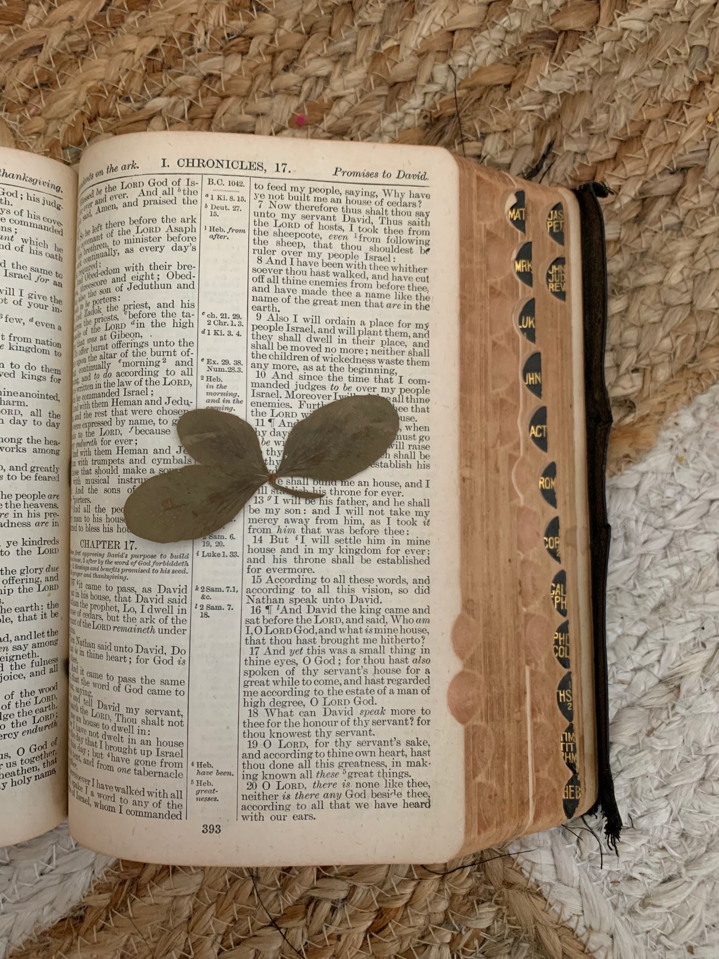 Vintage leather tabbed bible with pressed flower