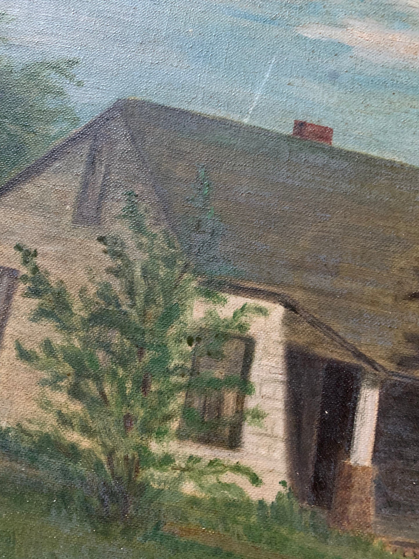 Vintage rural landscape oil painting on board of home and dog