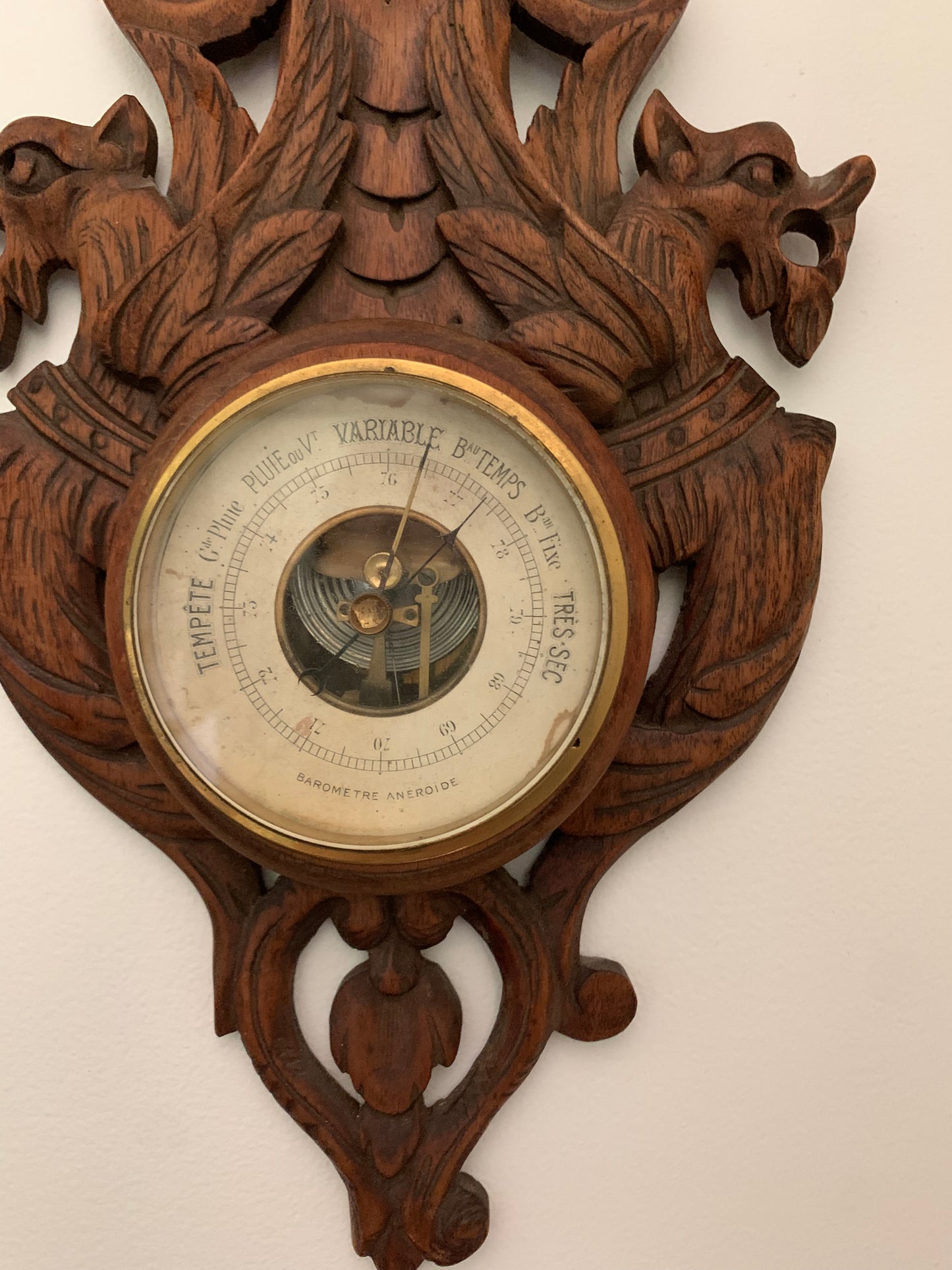 Antique French hand carved wood barometer