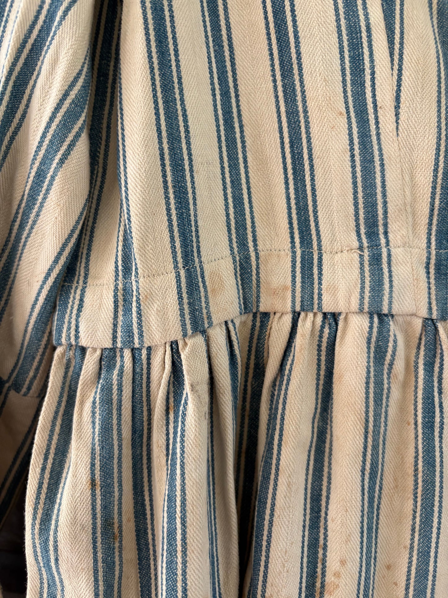 Antique primitive dress apron | blue stripe ticking