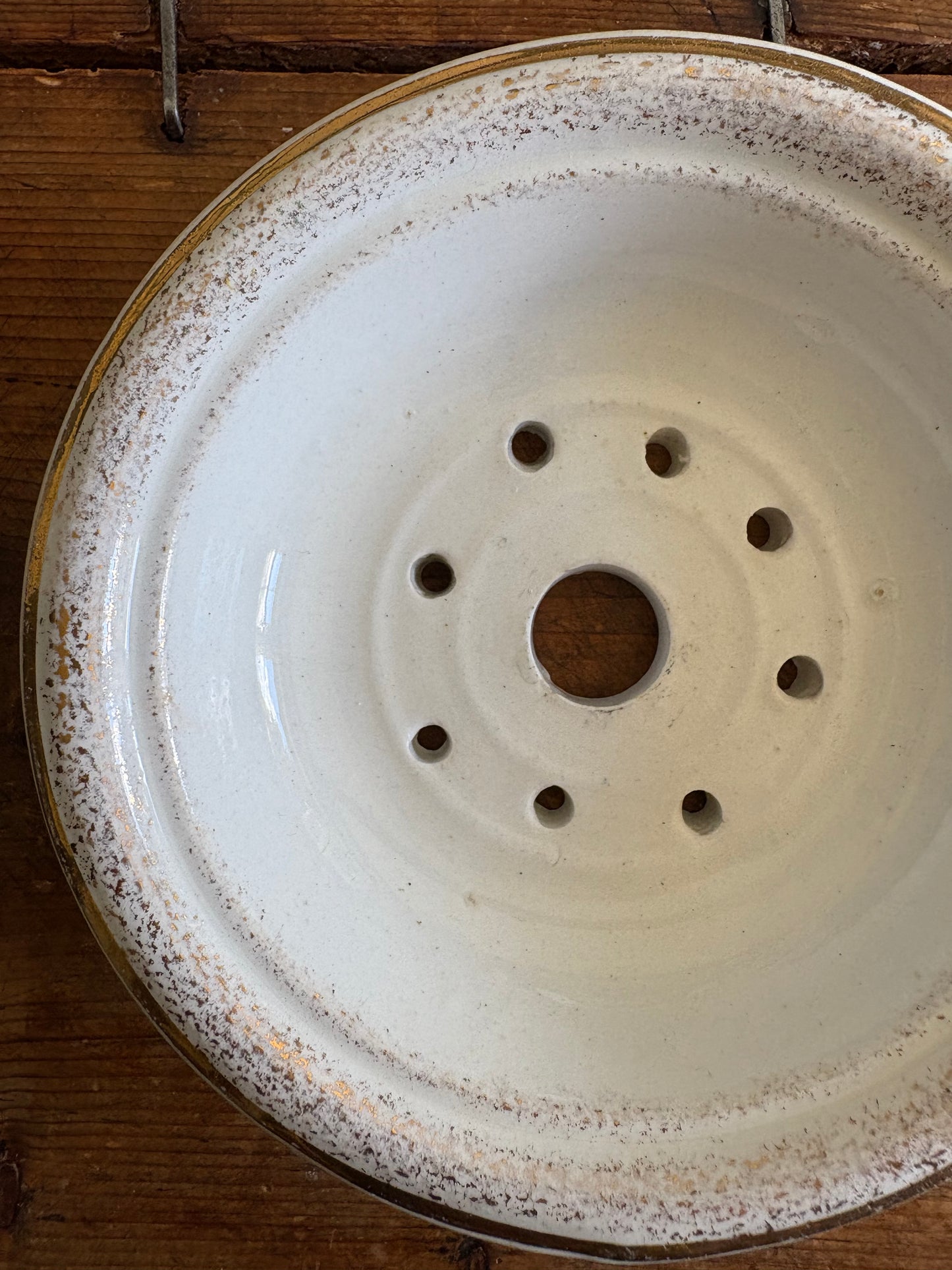 Antique ironstone dairy soap strainer