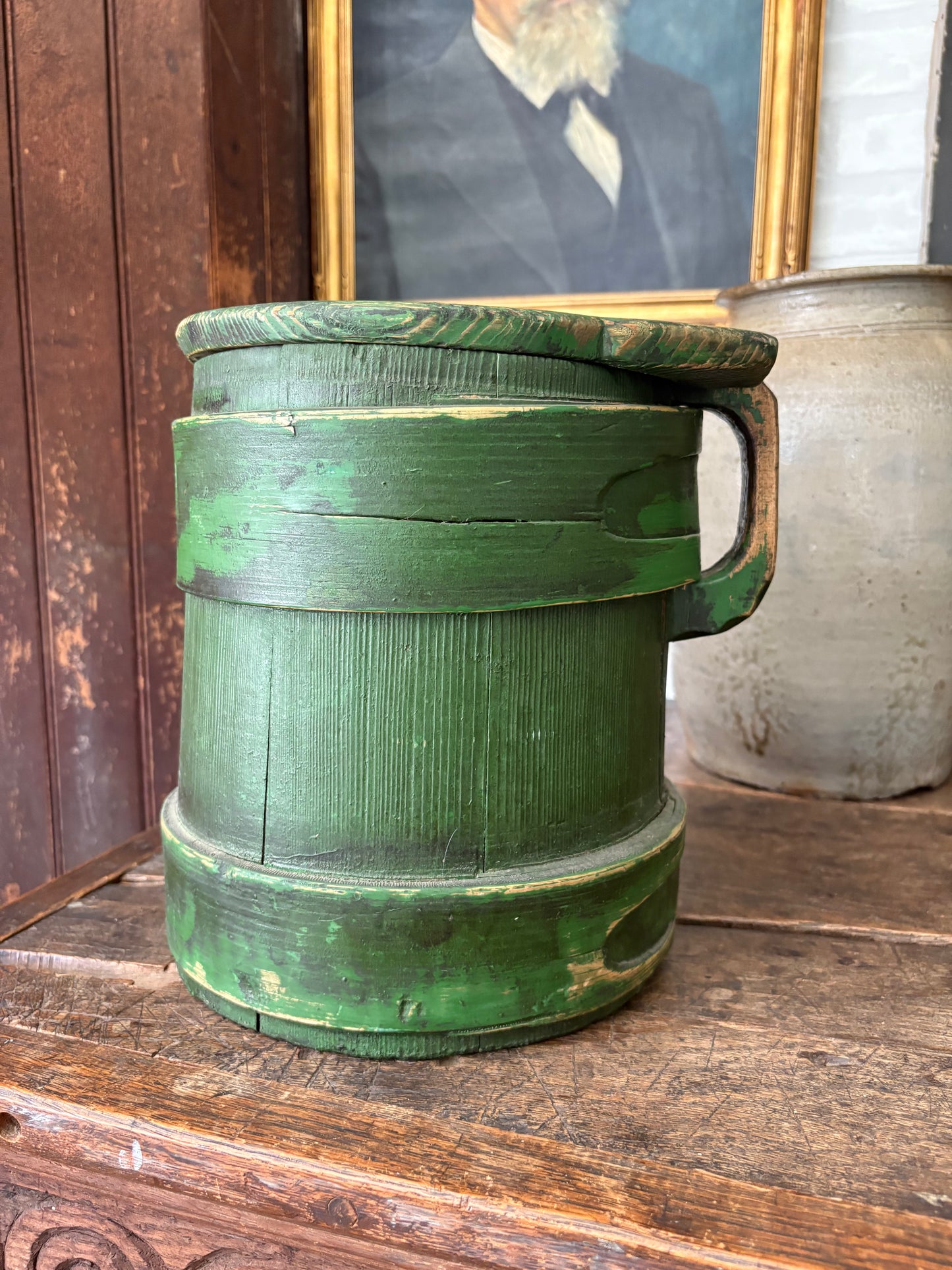 Antique wooden green tankard