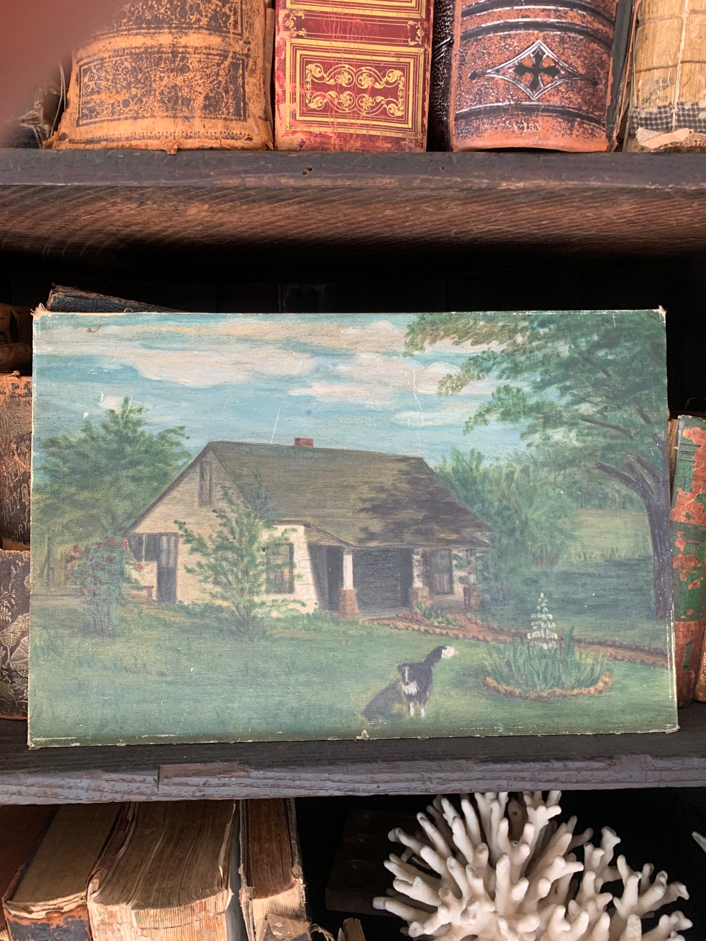 Vintage rural landscape oil painting on board of home and dog