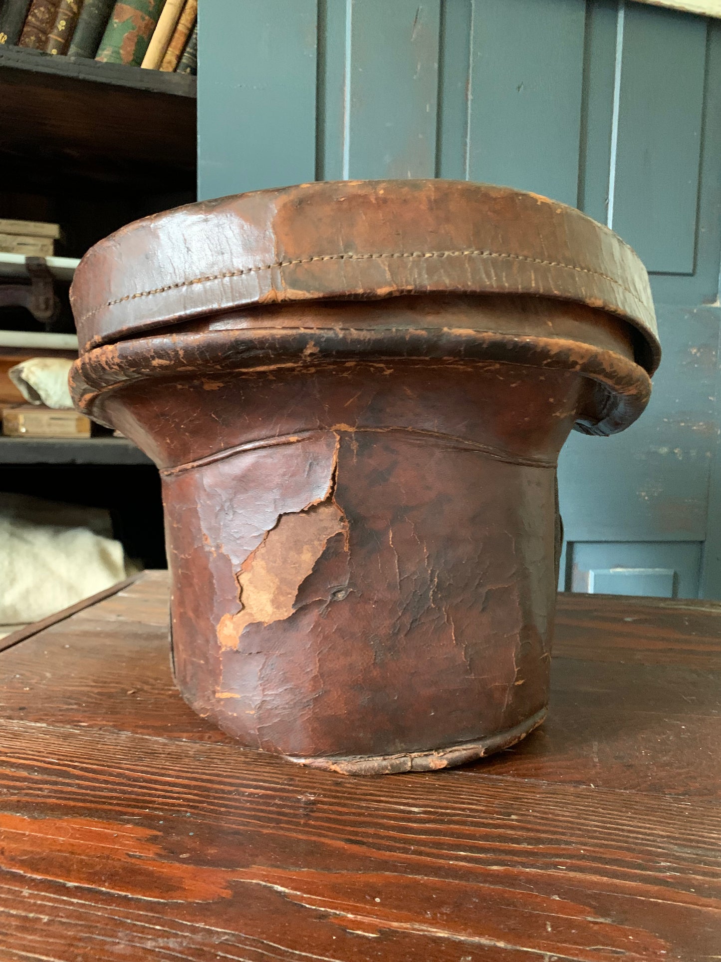 Antique 1800s leather hat box with original hat