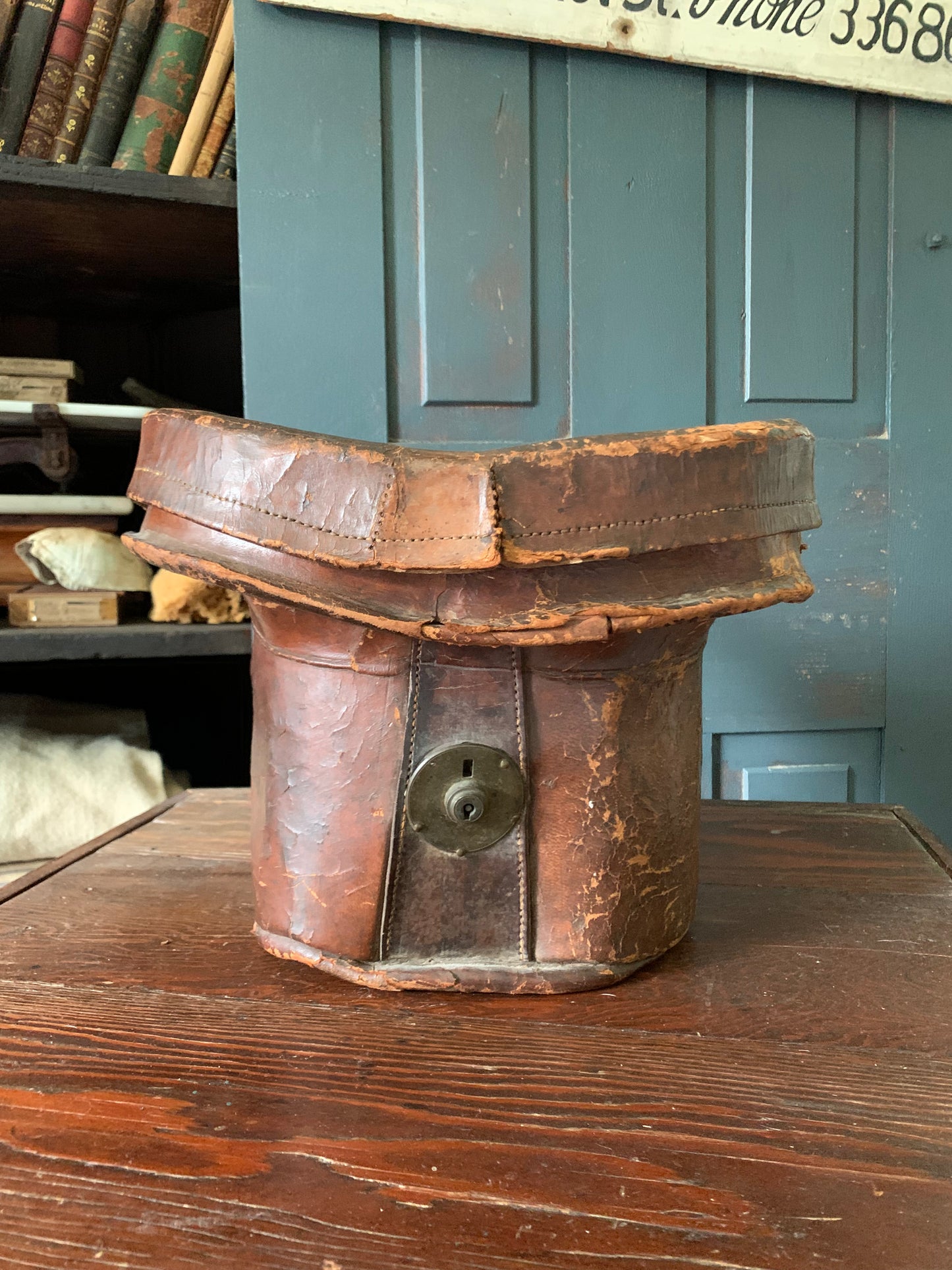 Antique 1800s leather hat box with original hat