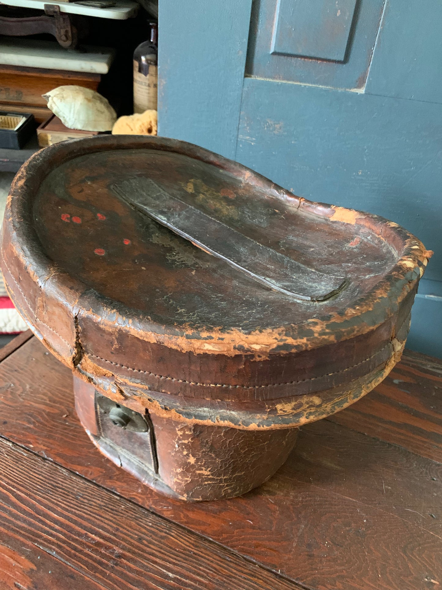 Antique 1800s leather hat box with original hat