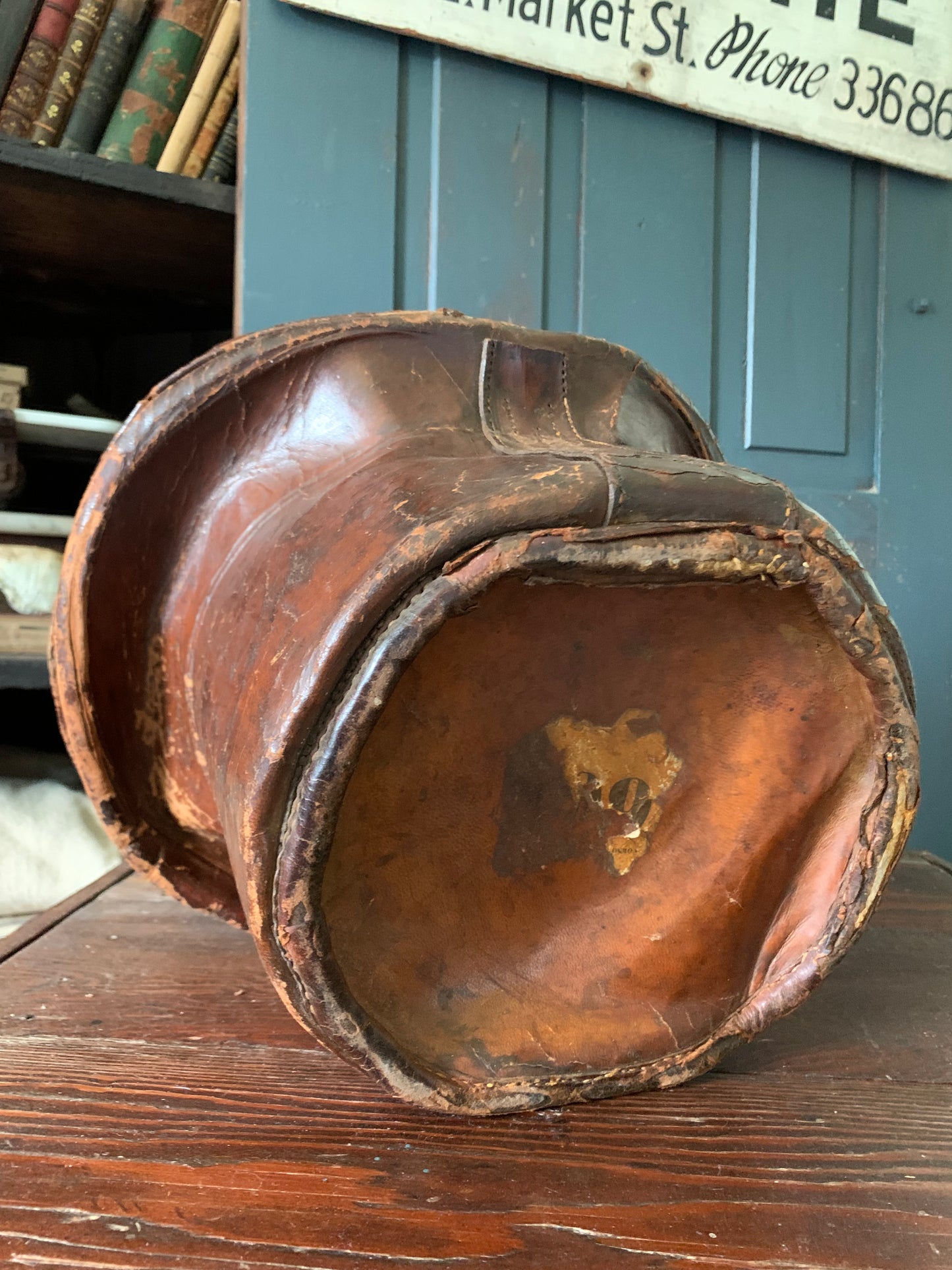 Antique 1800s leather hat box with original hat