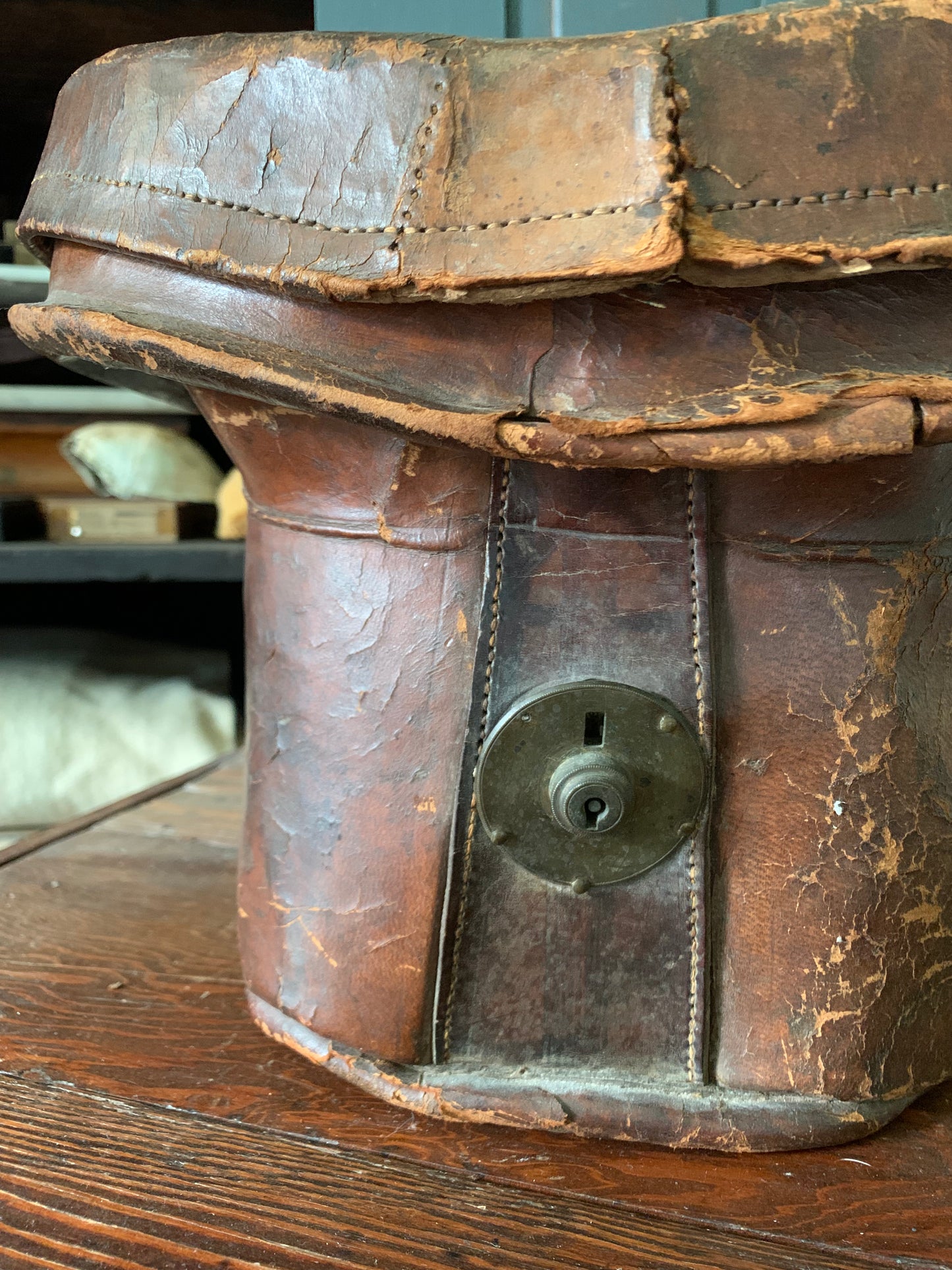 Antique 1800s leather hat box with original hat