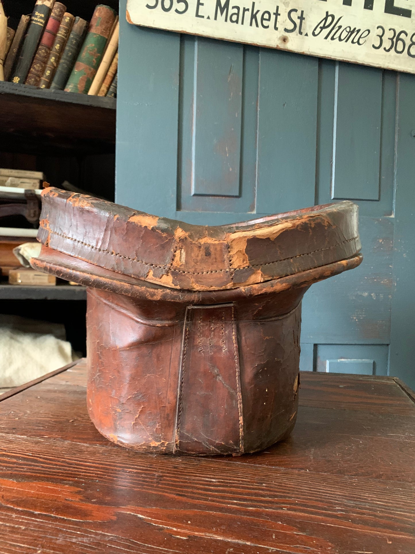 Antique 1800s leather hat box with original hat