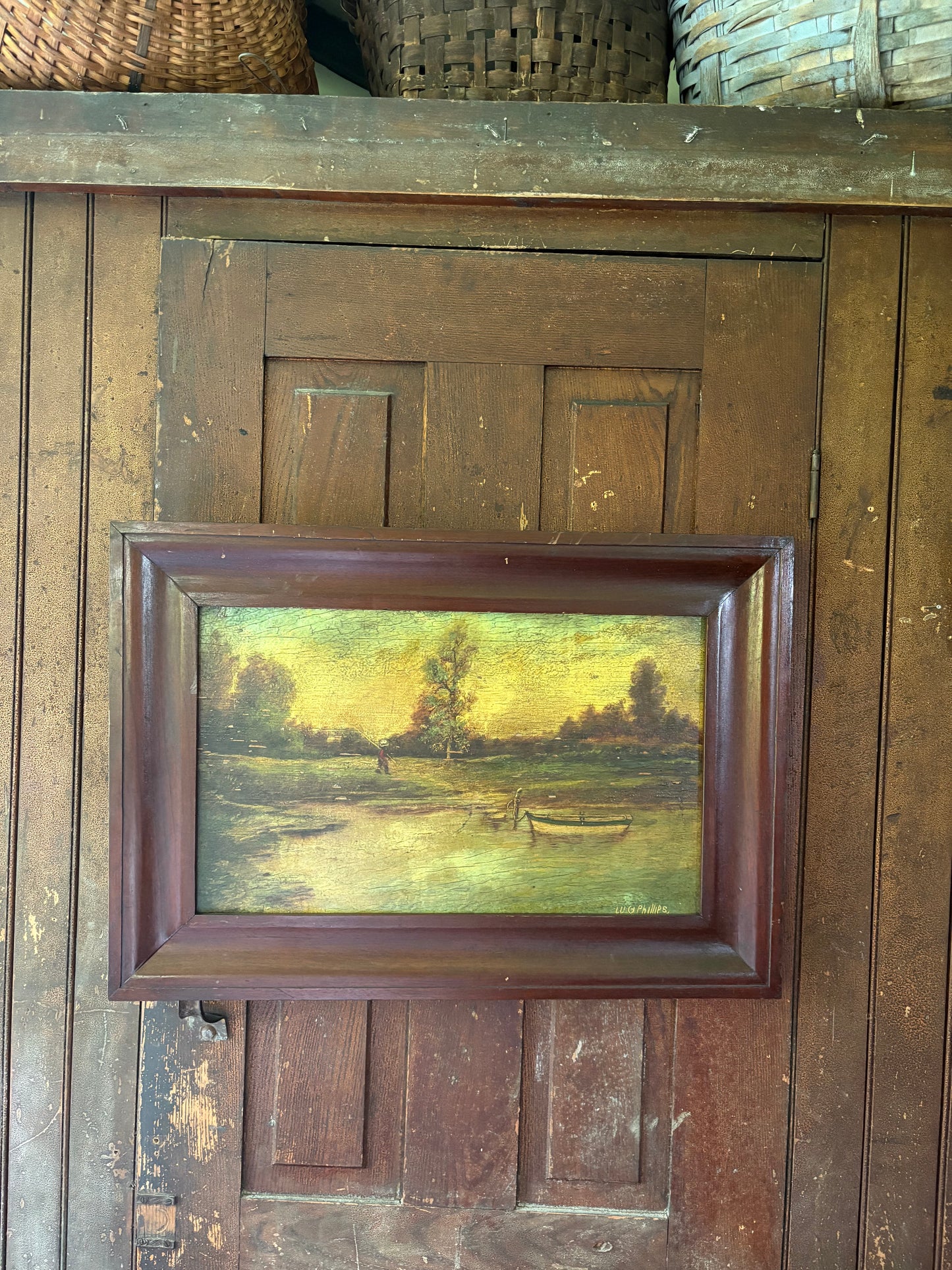 Antique oil painting on board landscape framed & signed