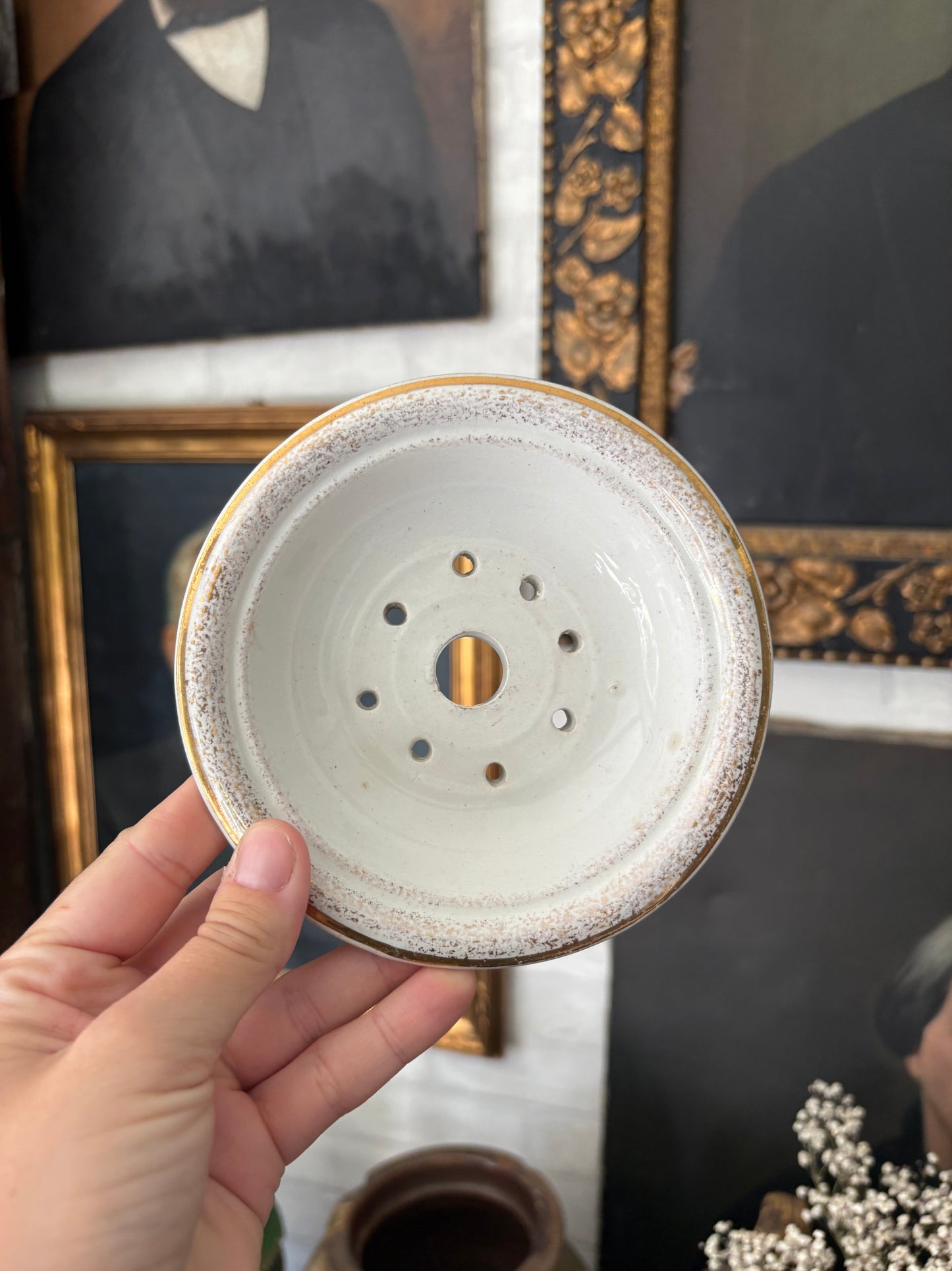 Antique ironstone dairy soap strainer