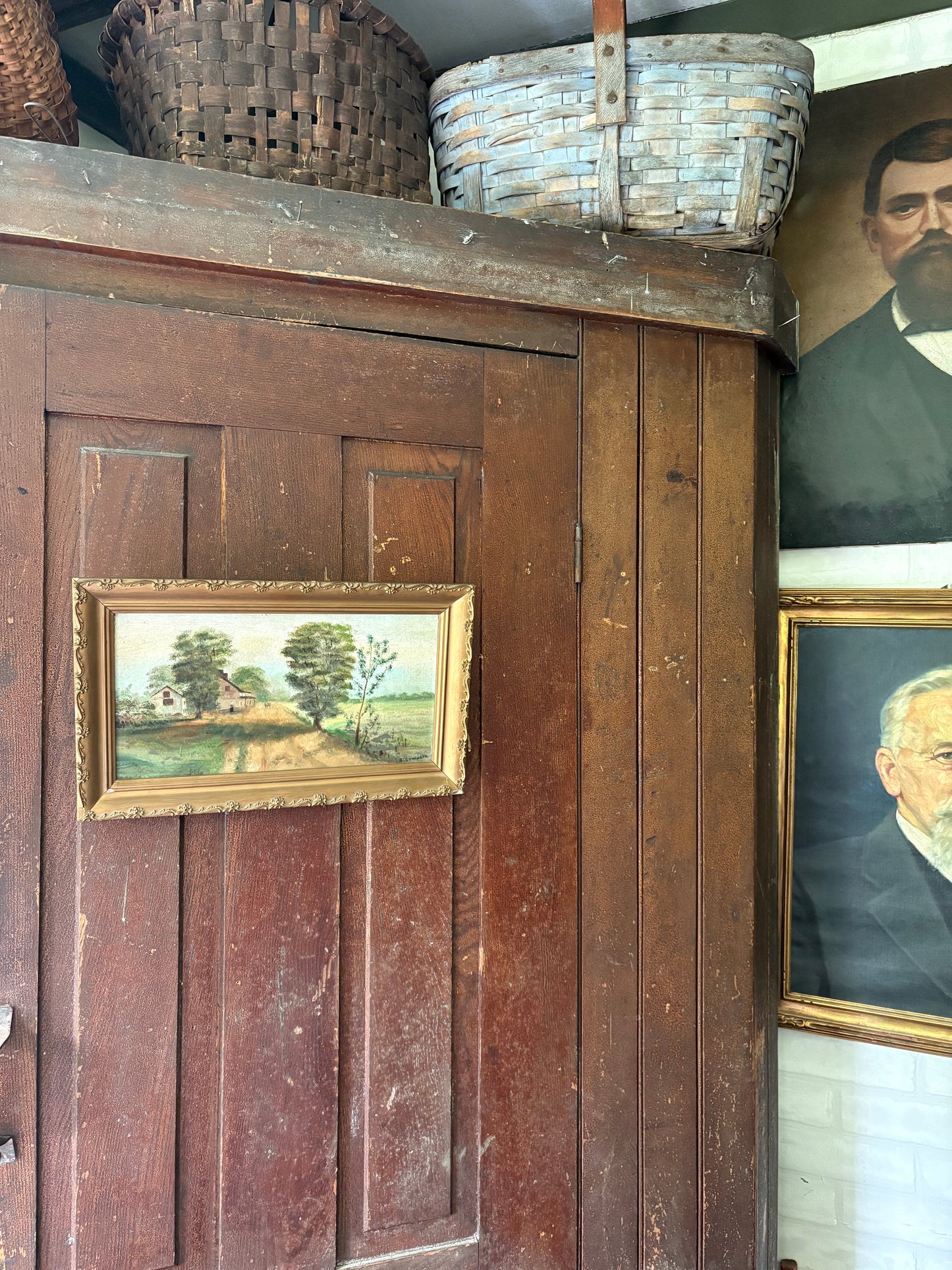 Antique rural oil painting on board framed
