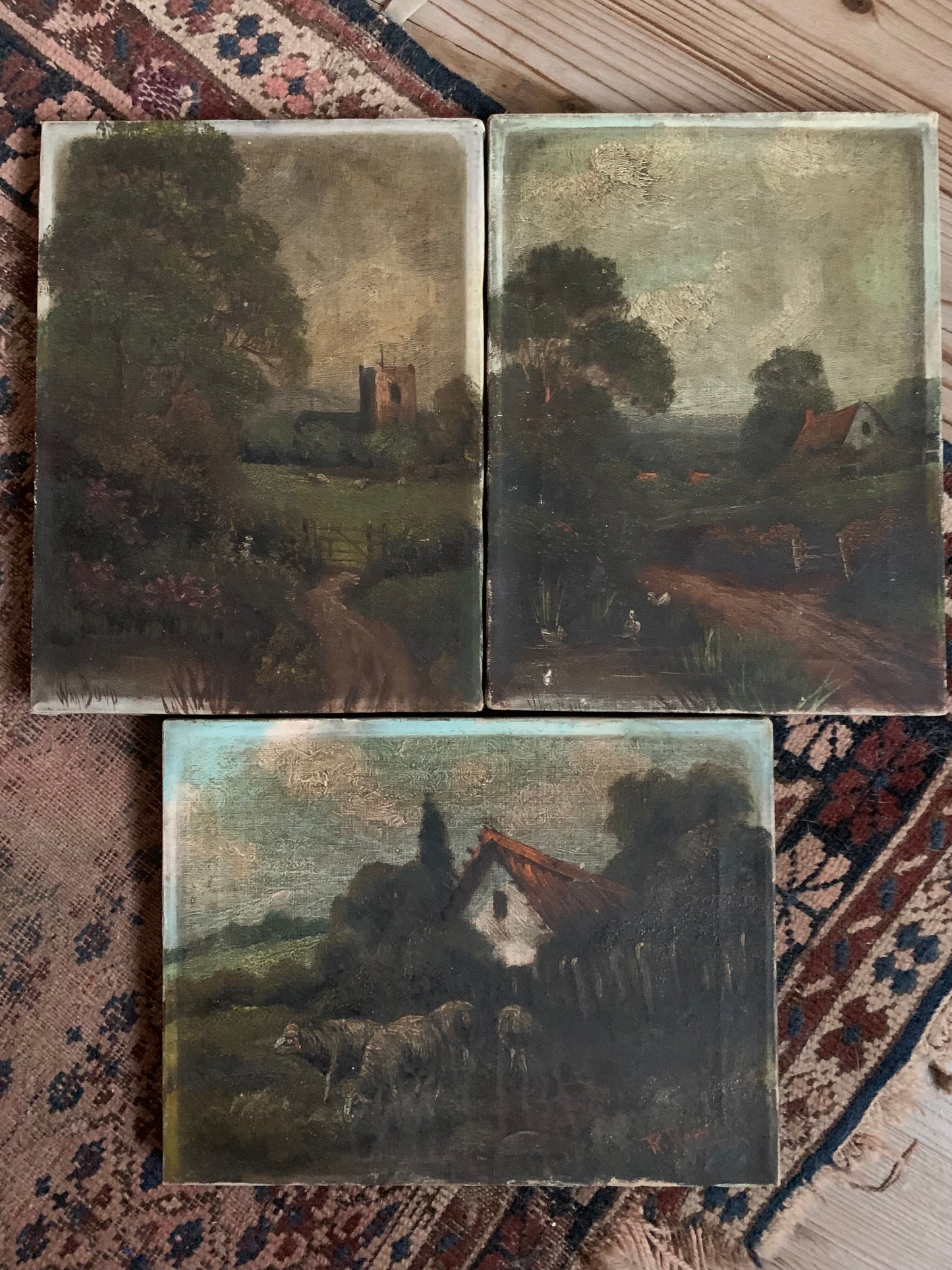 Antique rural landscape painting with sheep on canvas