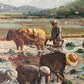Antique oil painting on canvas | workers in field with cattle