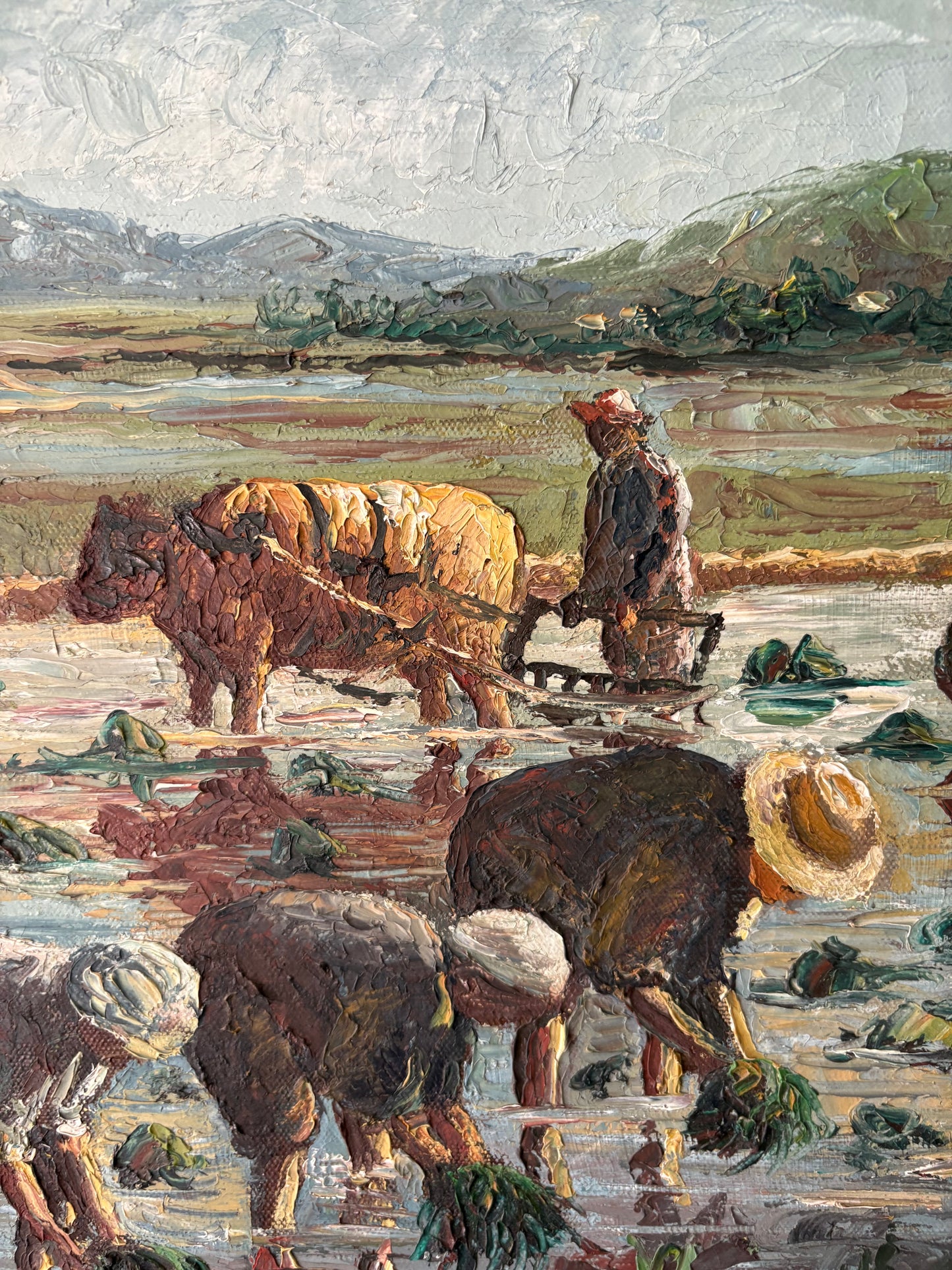 Antique oil painting on canvas | workers in field with cattle