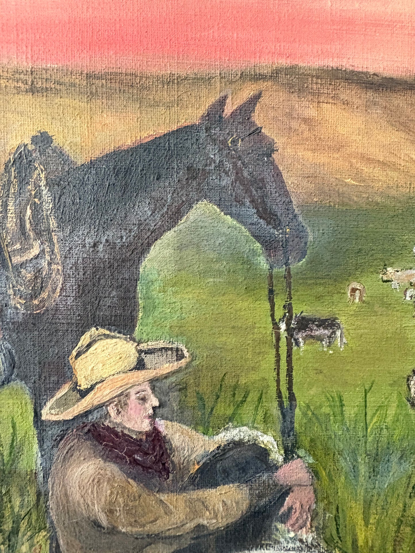 Antique western folk art oil on canvas cowboy painting with horse
