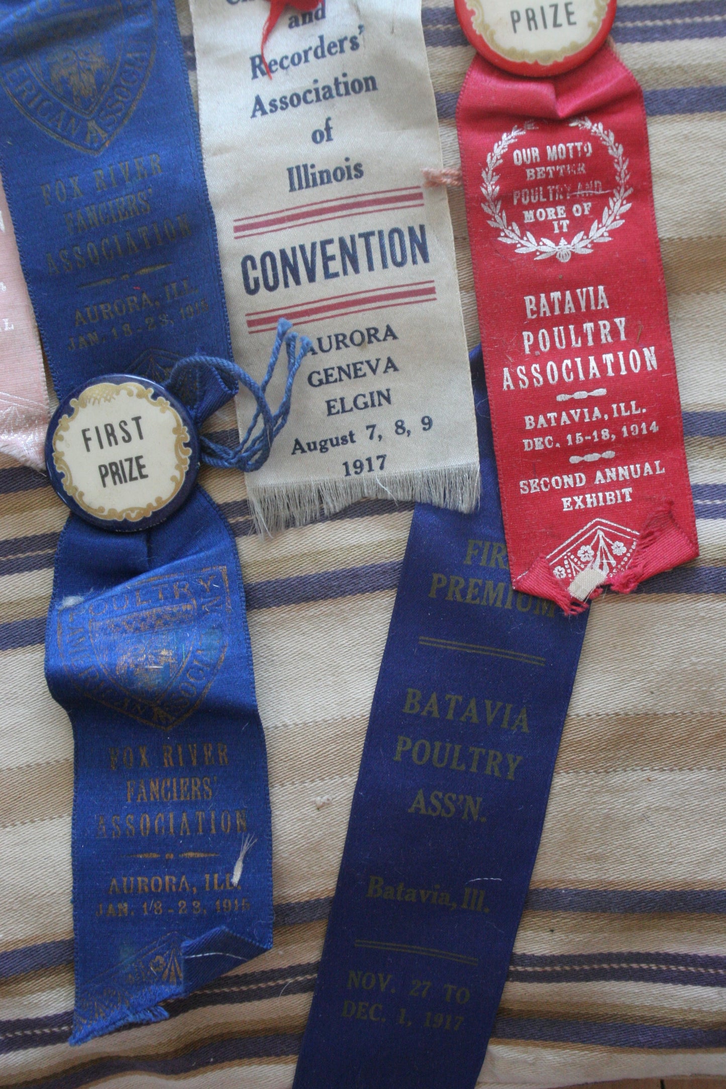 Antique fair poultry ribbons & metal cow
