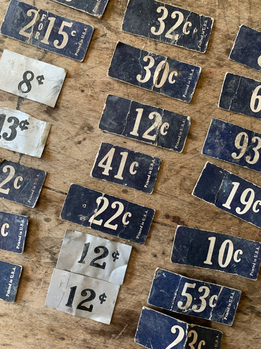 Vintage double sided cardboard & metal price tags | general store