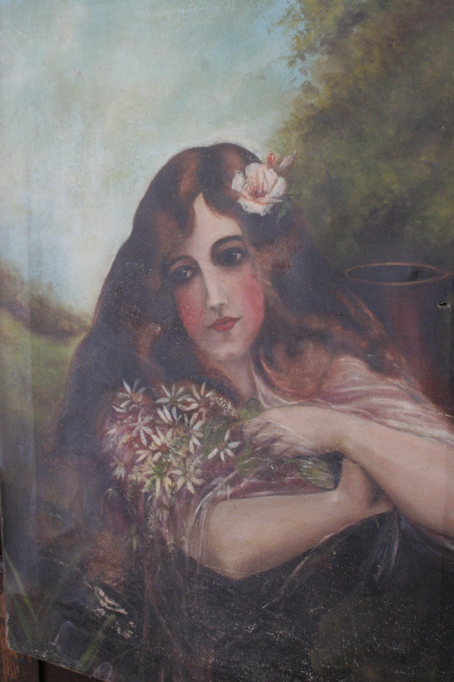 Antique portrait painting of woman on canvas