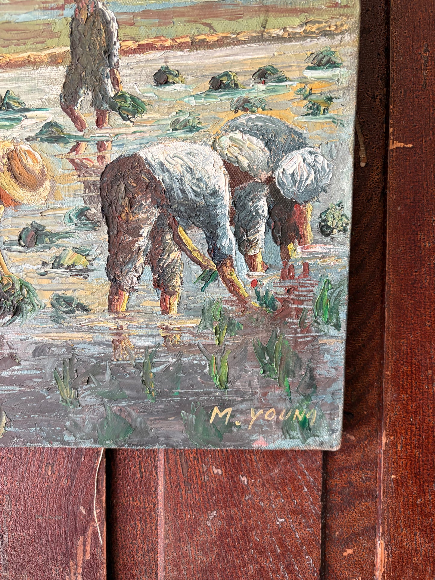 Antique oil painting on canvas | workers in field with cattle