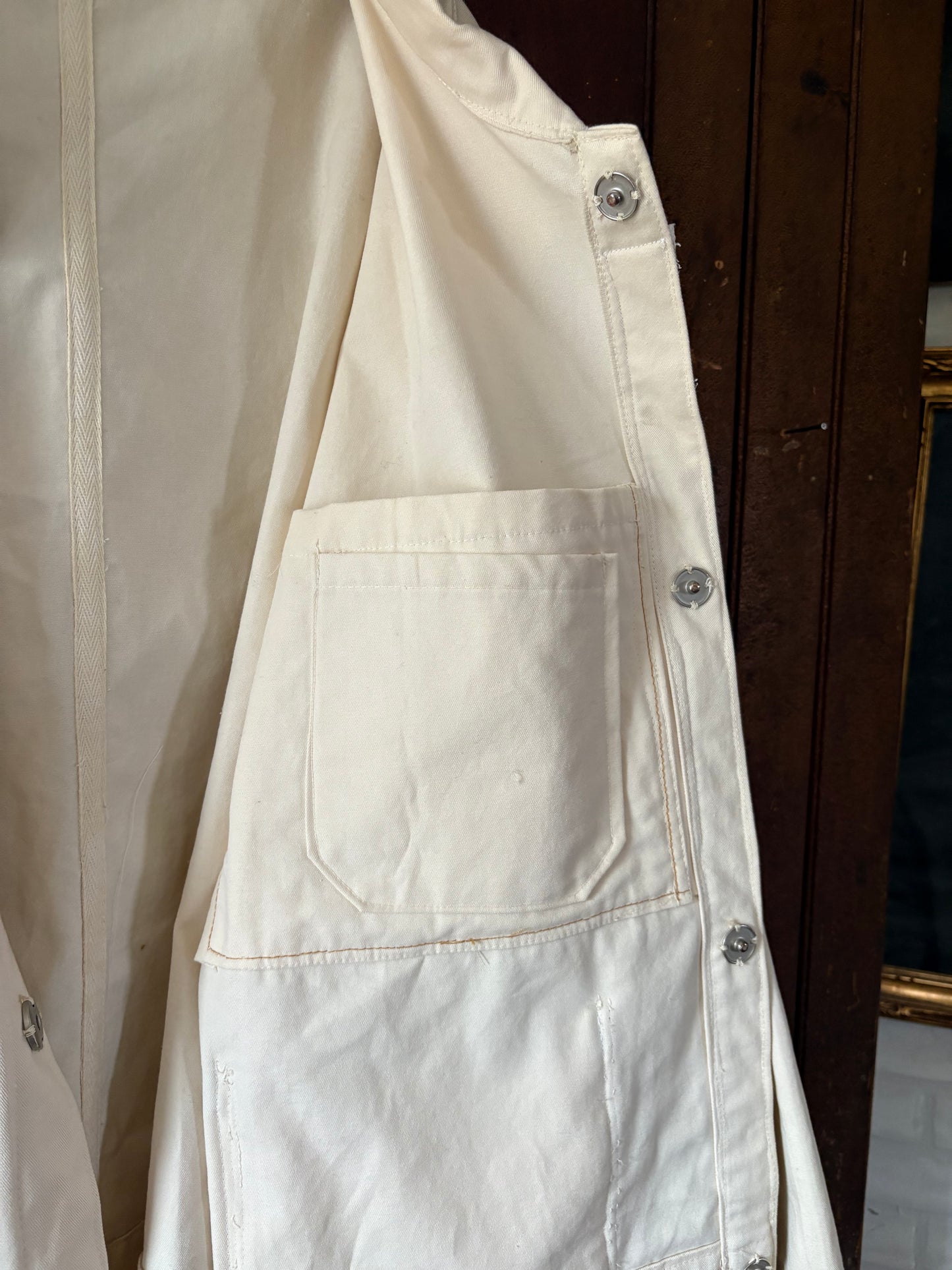 Vintage French chore coat reworked with French ticking stripe fabric