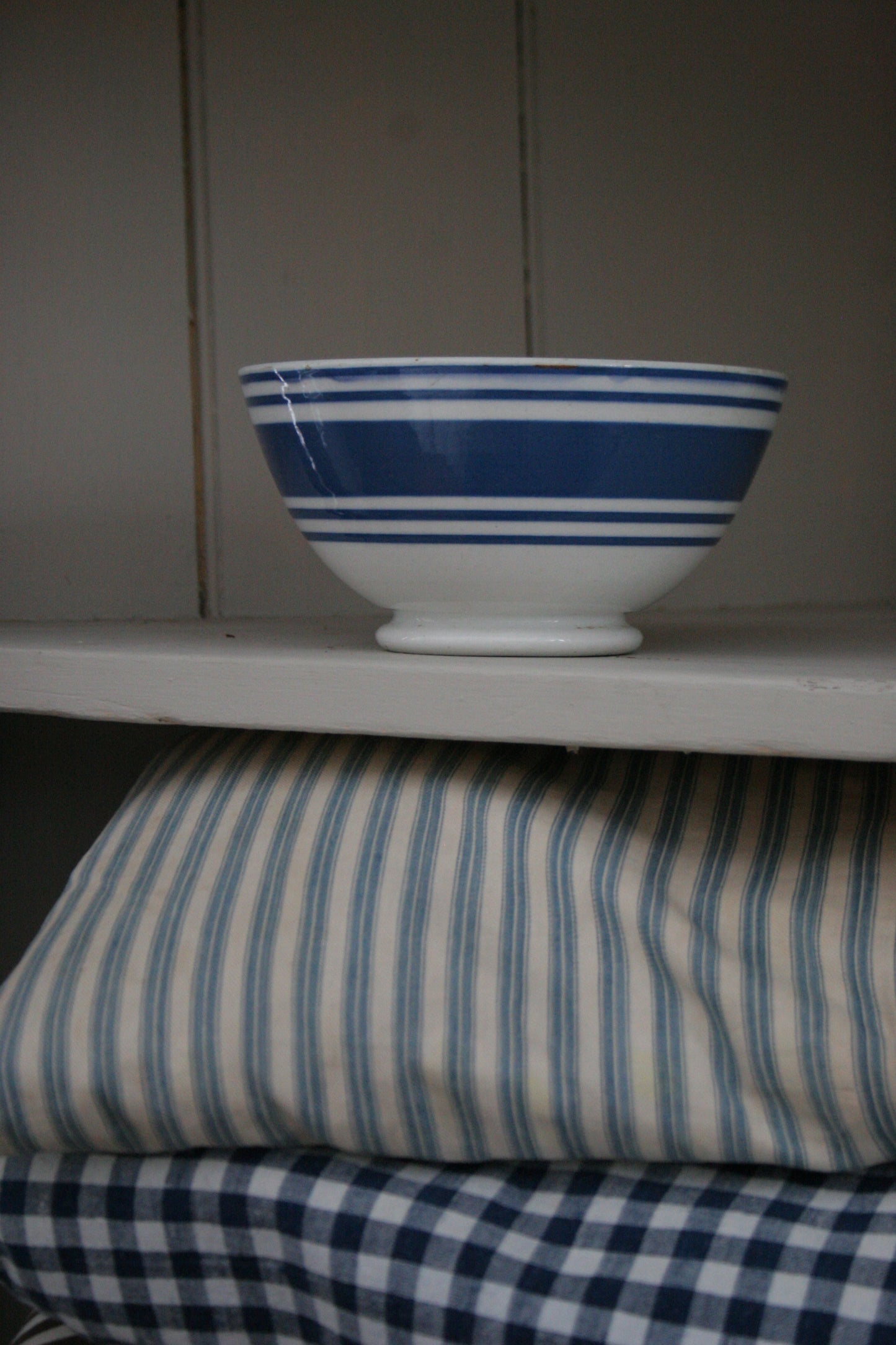 Antique blue stripe footed bowl