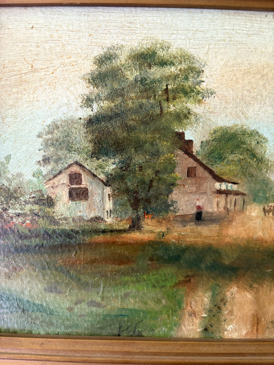 Antique rural oil painting on board framed