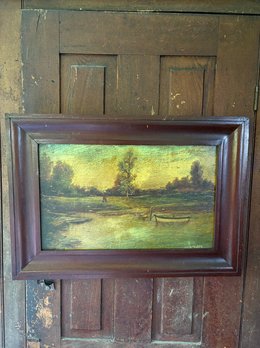 Antique oil painting on board landscape framed & signed