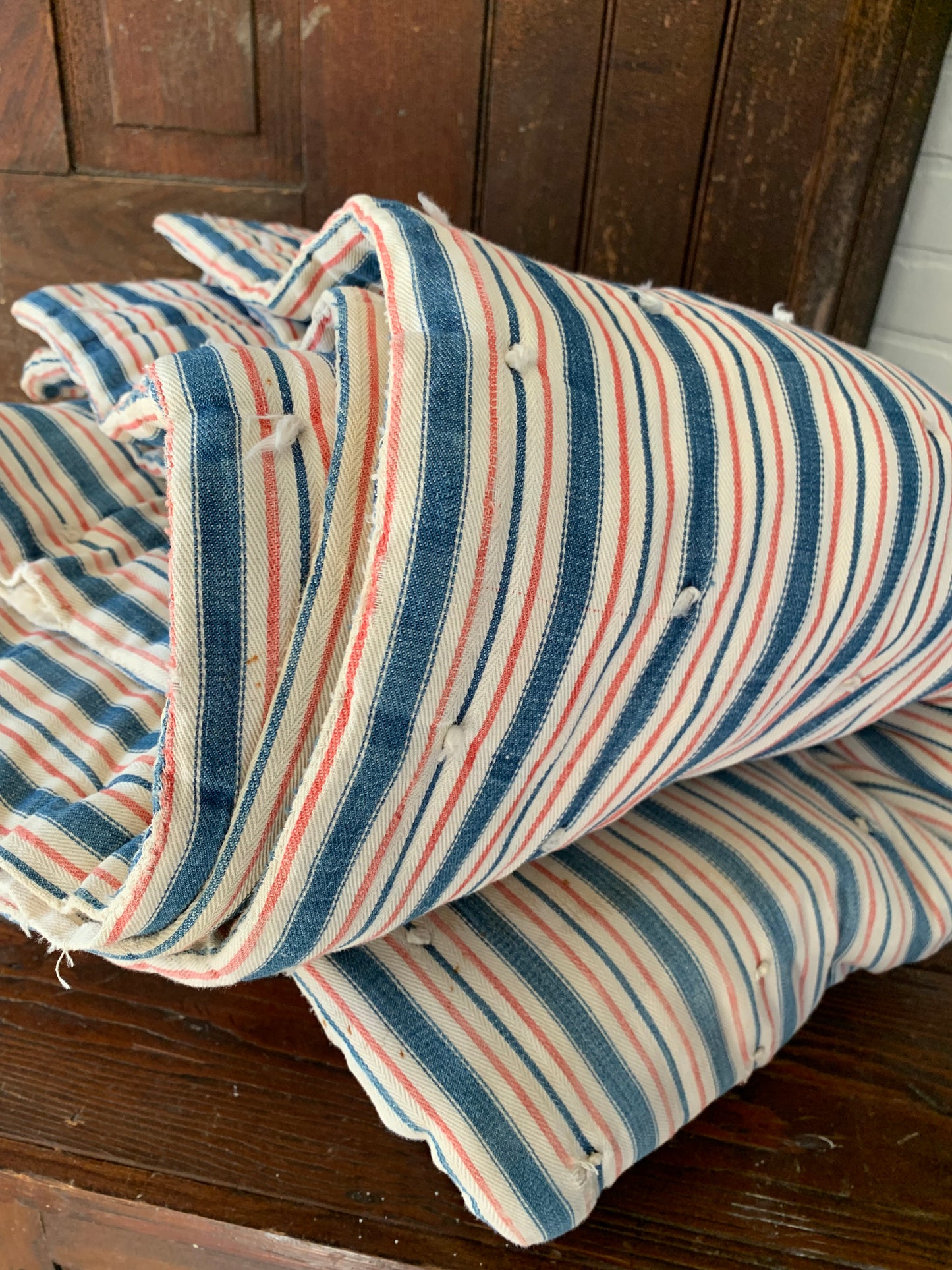 Rare Antique red & blue ticking mattress | wool filled
