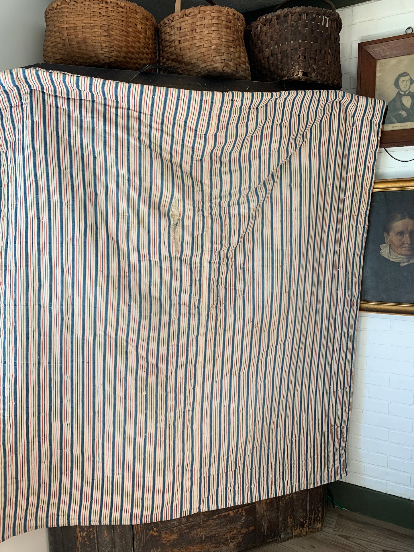 Rare Antique red & blue ticking mattress | wool filled