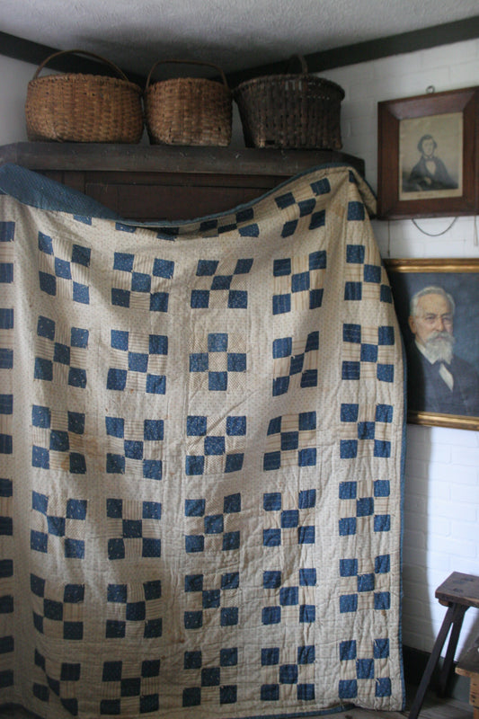 Antique 1800s hand tied nine patch calico, Indio blue quilt | primitive