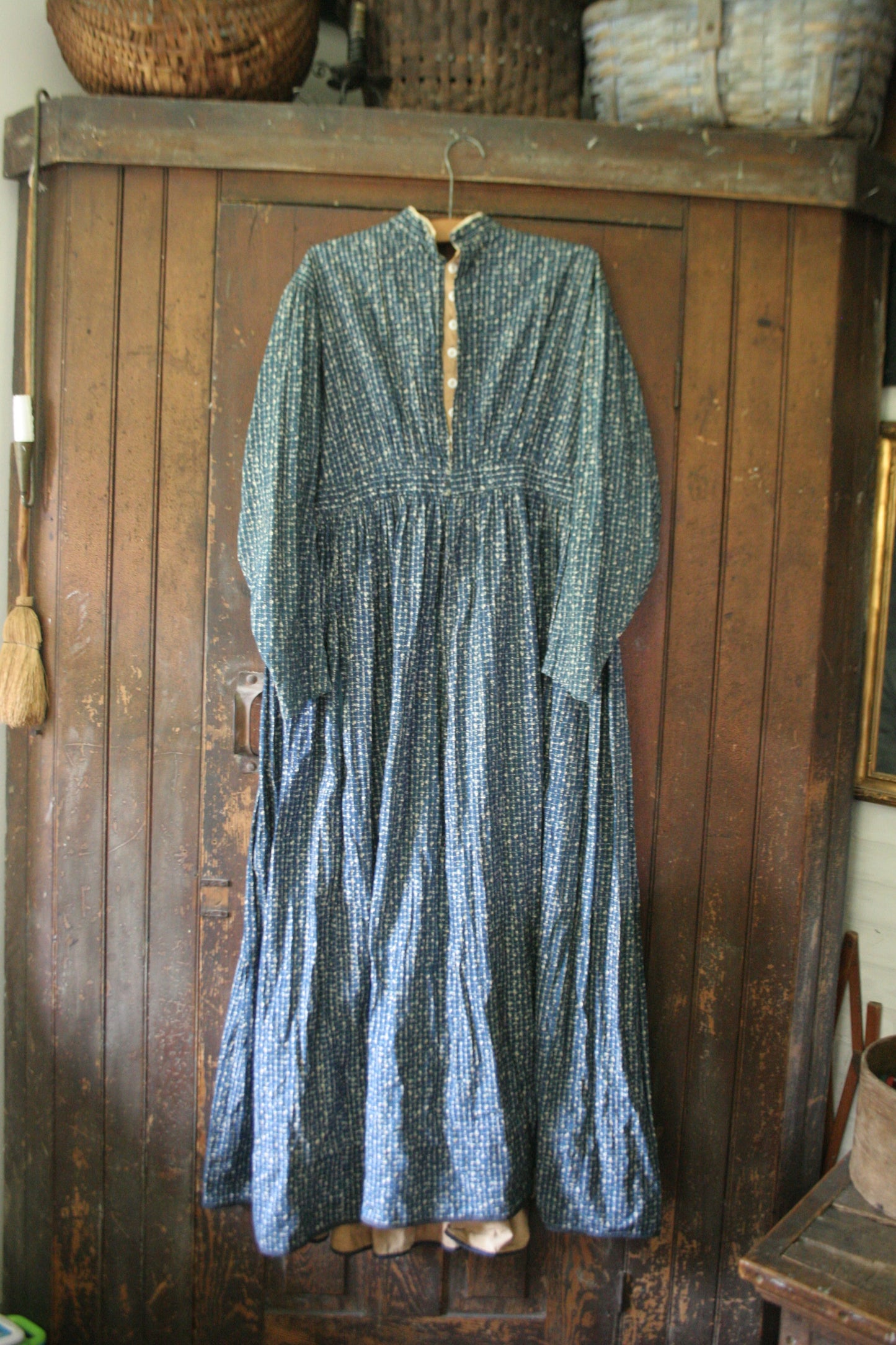 Antique victorian calico blue house dress
