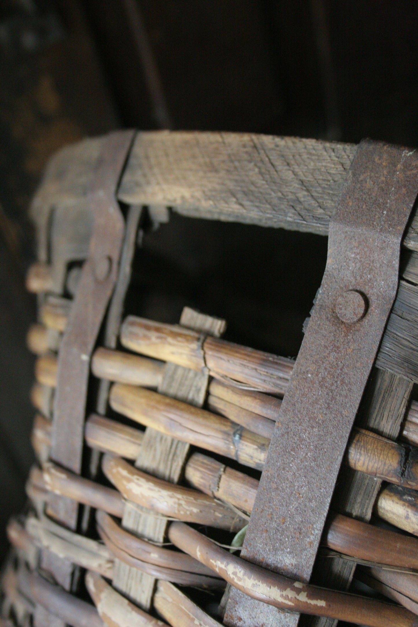 Antique rare wood & metal gathering basket | primitive