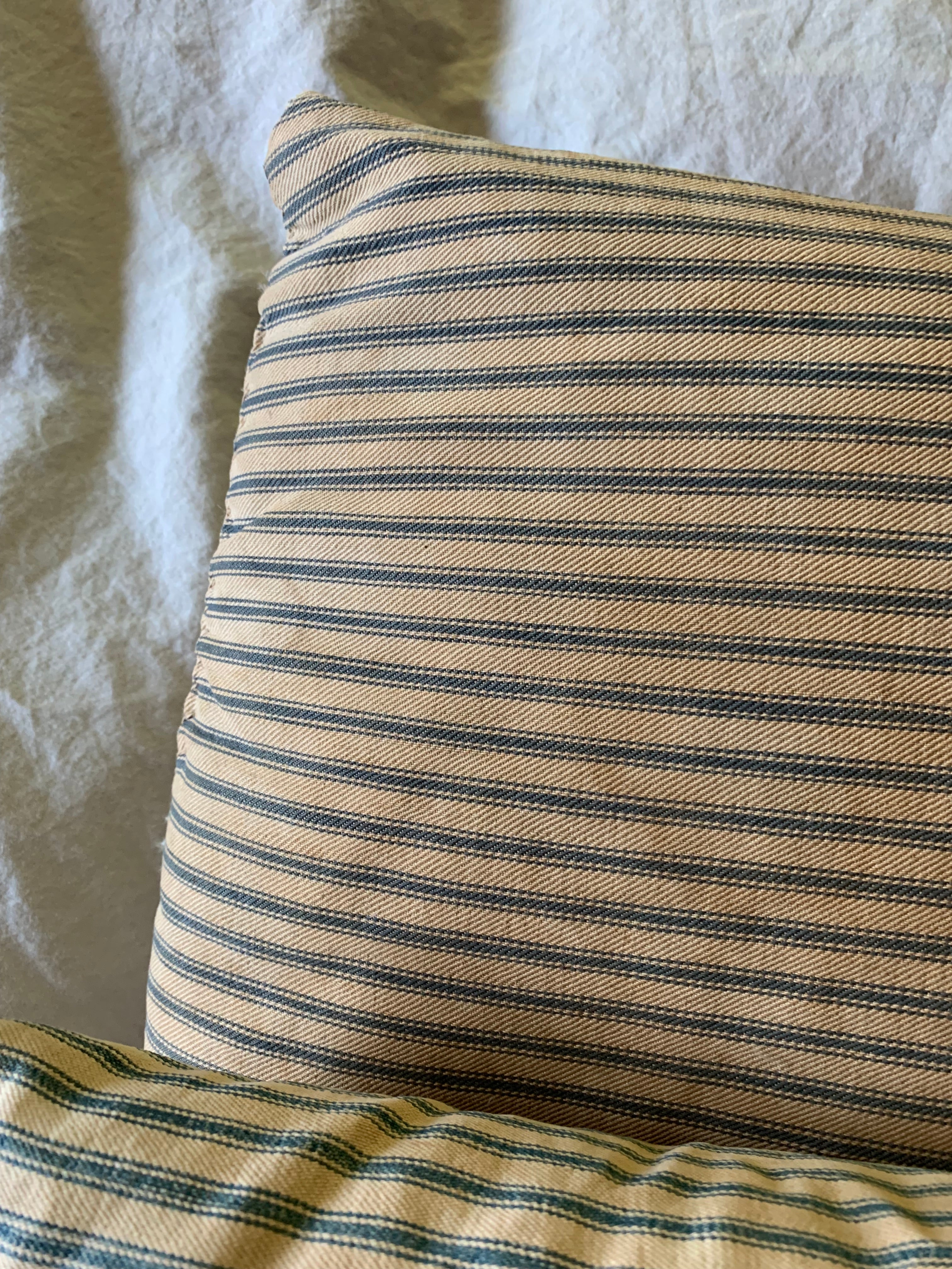 Vintage blue ticking feather pillows Flipping Vintage