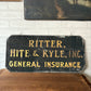 Vintage Blair Sign Co Double Side Hanger Insurance Sign Ritter Hite Kyle | gilded lettering