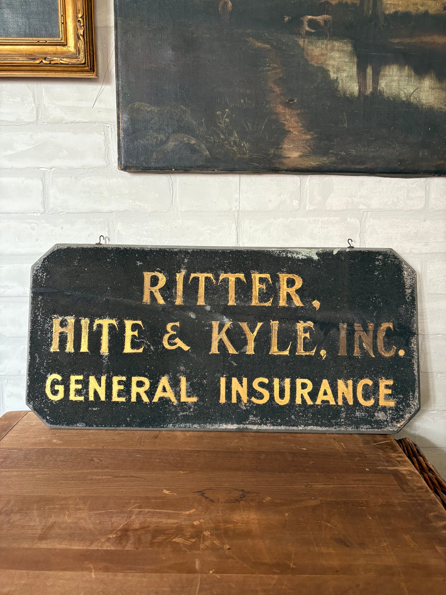 Vintage Blair Sign Co Double Side Hanger Insurance Sign Ritter Hite Kyle | gilded lettering