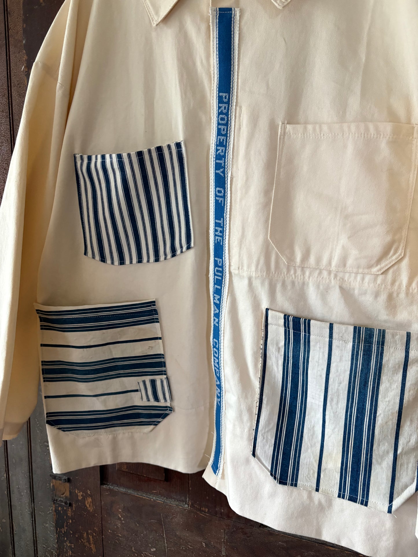 Vintage French chore coat reworked with French ticking stripe fabric