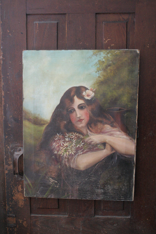 Antique portrait painting of woman on canvas
