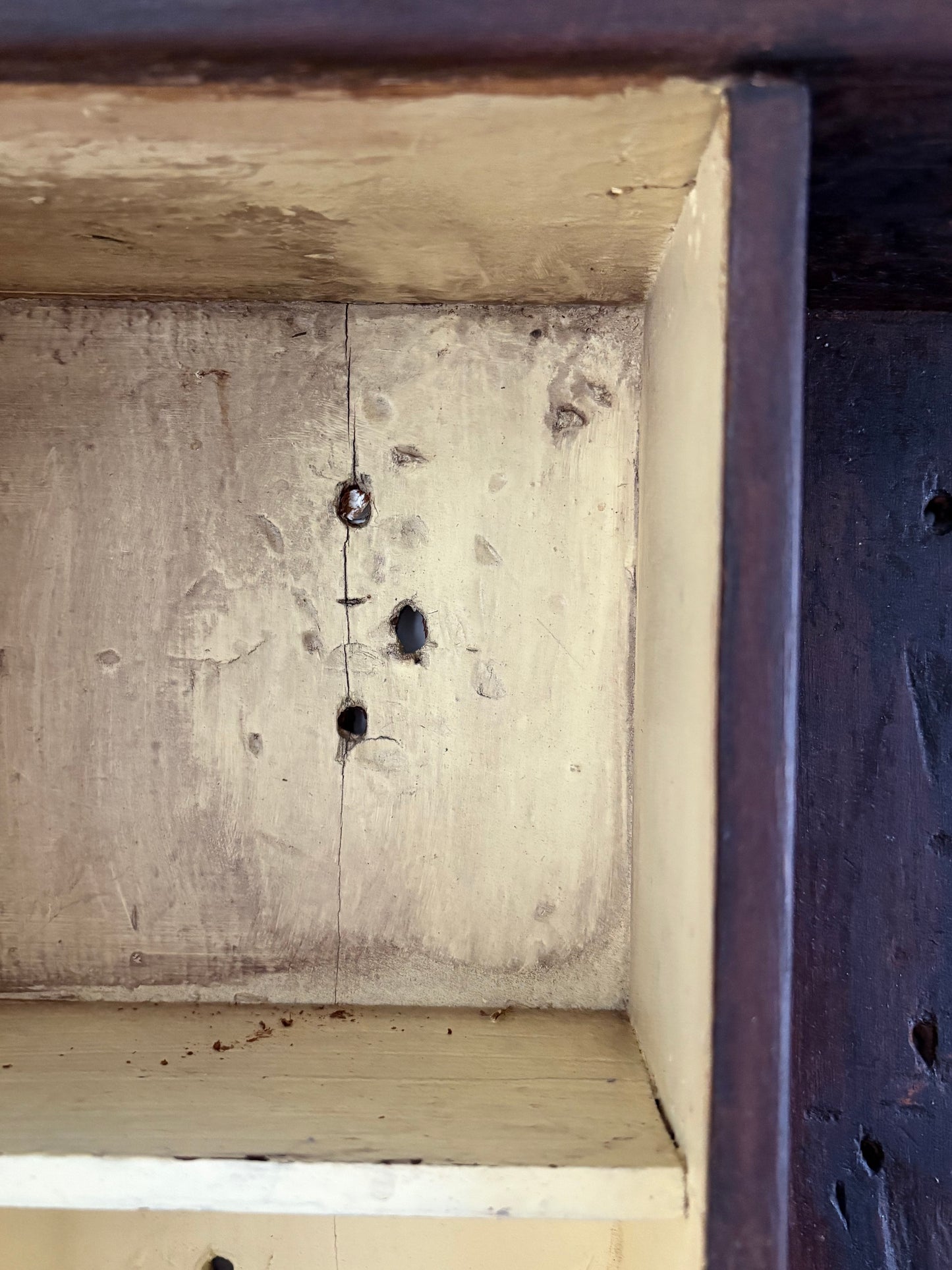 Antique early primitive wall cabinet with scallops