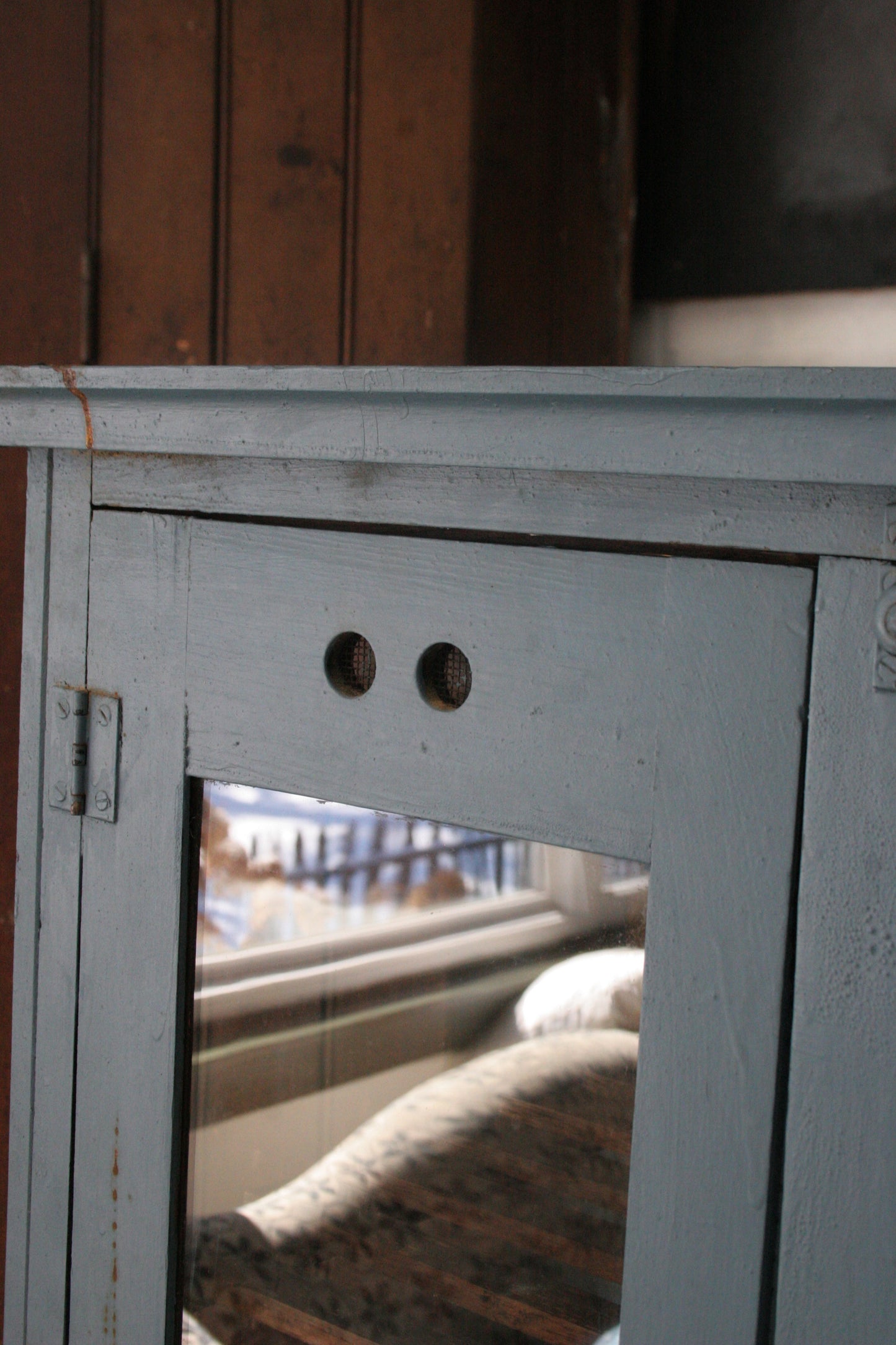 Antique blue paint pie cabinet for general store display | primitive